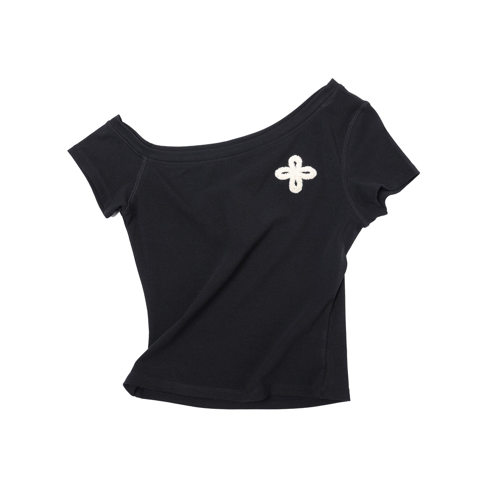 Black Cross Towel Embroidery Off-Shoulder Short Sleeve