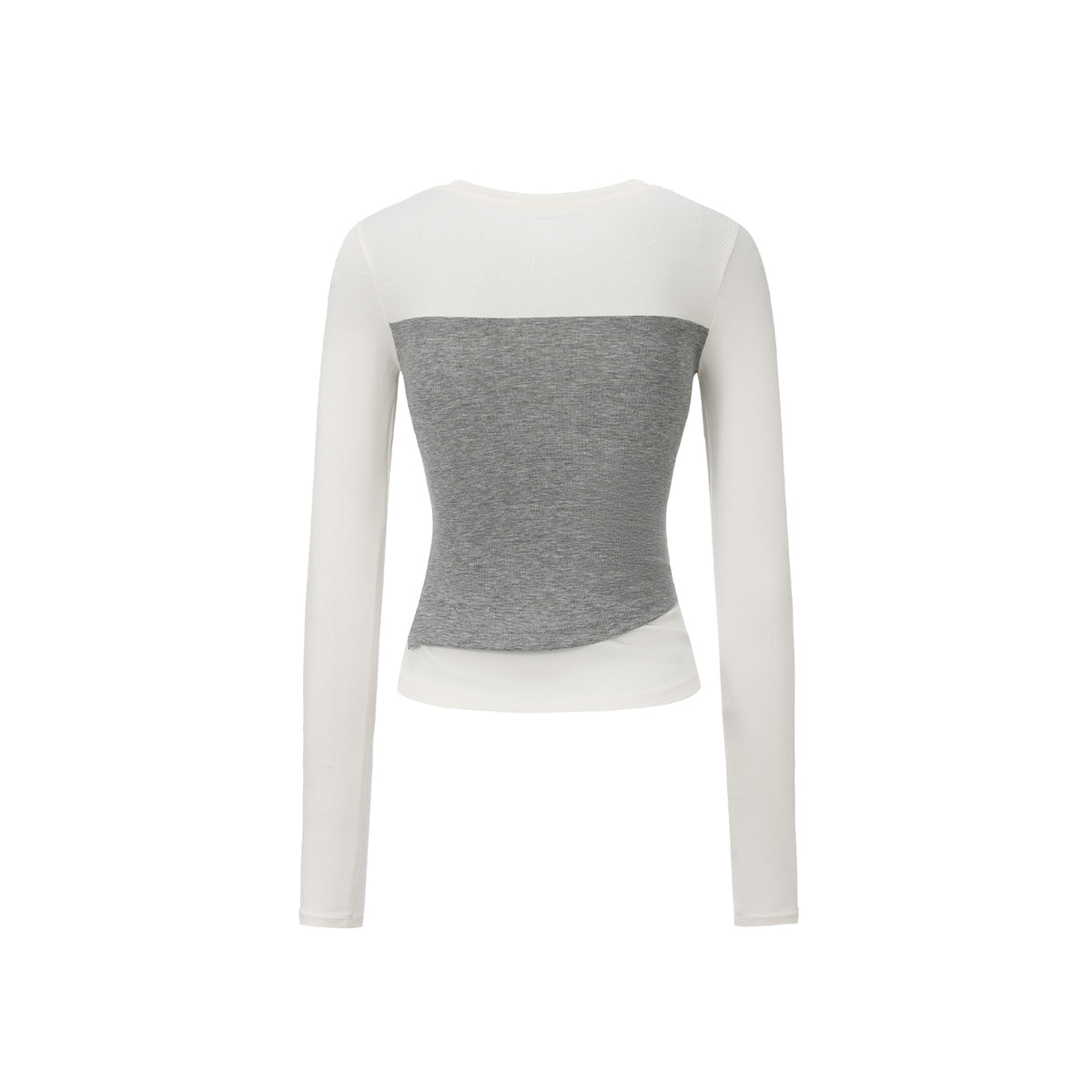 White and Gray Color Block Tencel Faux Two-Piece Long-Sleeve T-Shirt