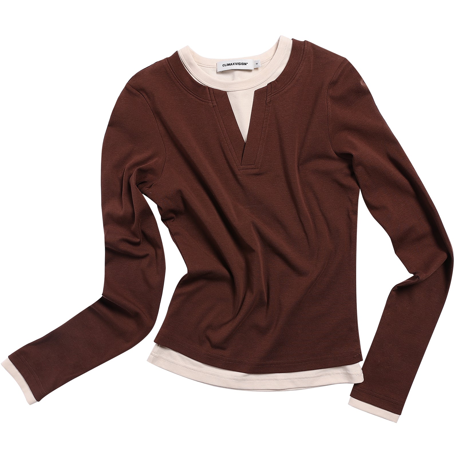 Brown Stretch Cotton Layered Fake Two-piece Long-sleeved T-shirt