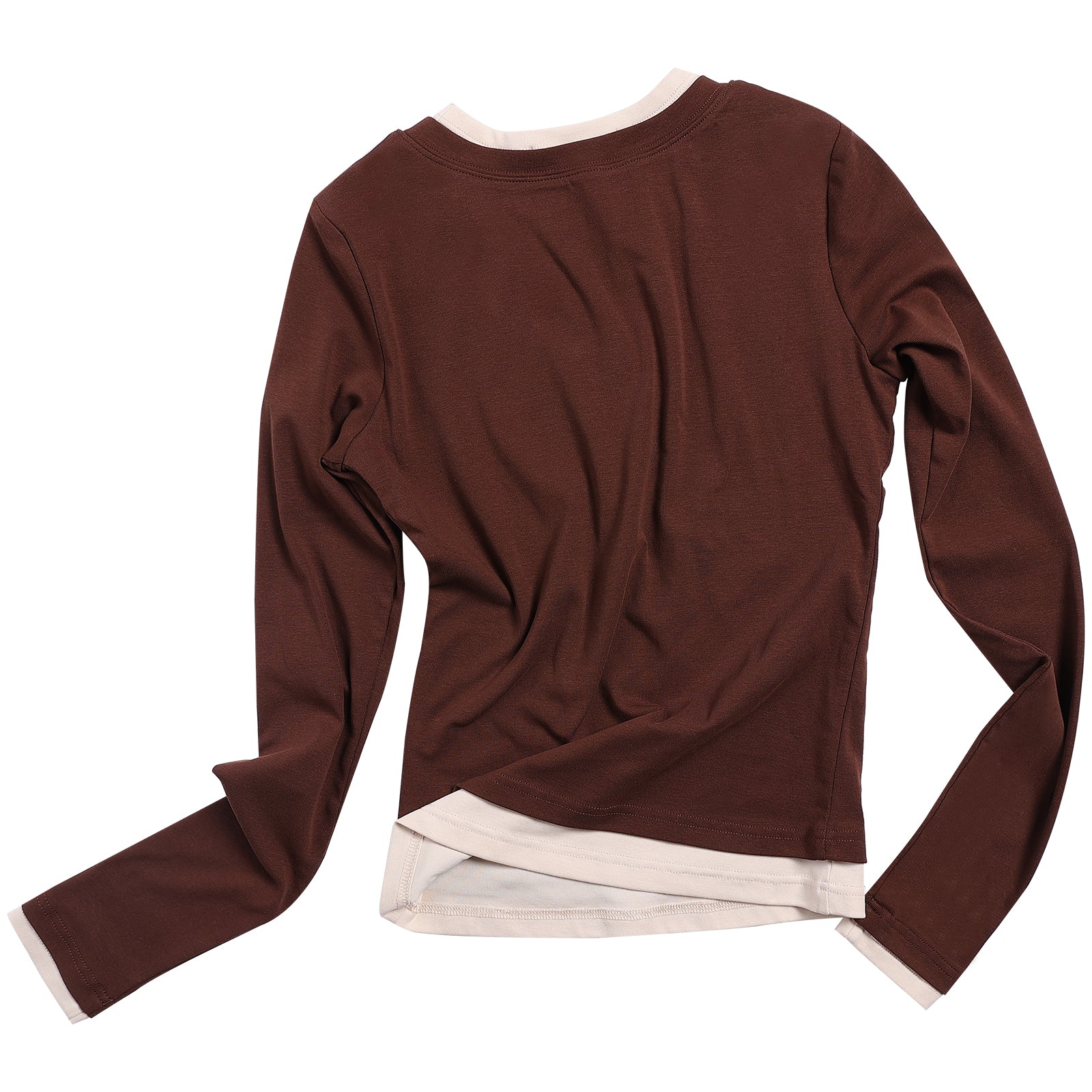 Brown Stretch Cotton Layered Fake Two-piece Long-sleeved T-shirt
