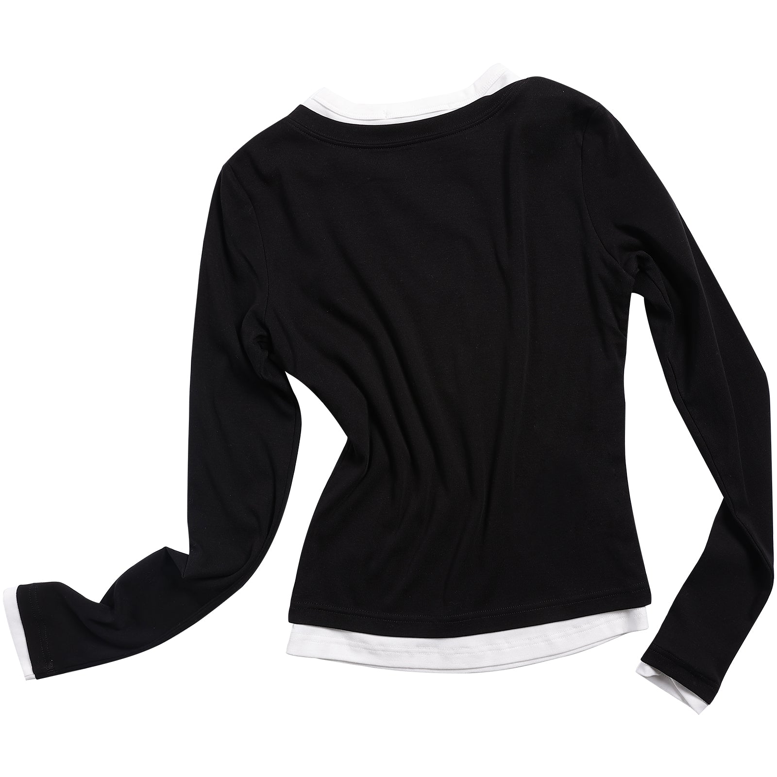 Black Stretch Cotton Layered Fake Two-piece Long-sleeved T-shirt