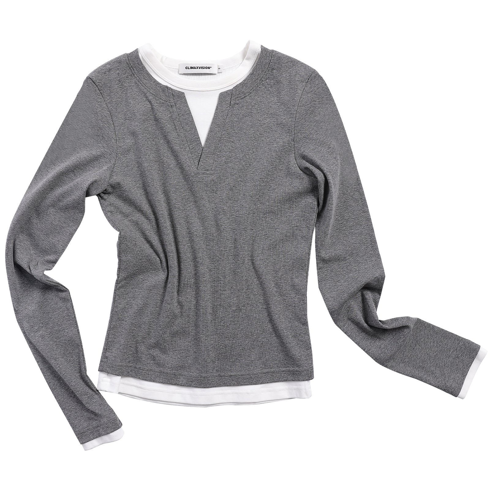 Gray Stretch Cotton Layered Fake Two-piece Long-sleeved T-shirt