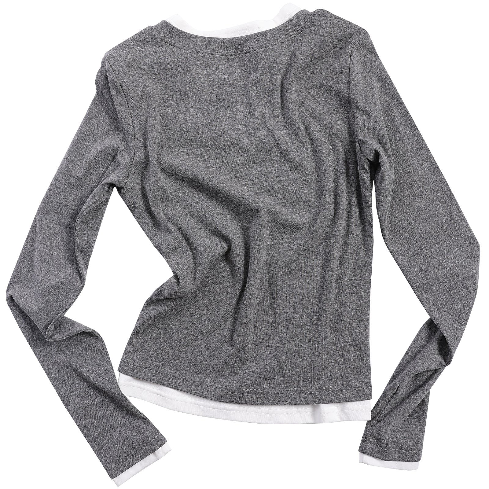 Gray Stretch Cotton Layered Fake Two-piece Long-sleeved T-shirt