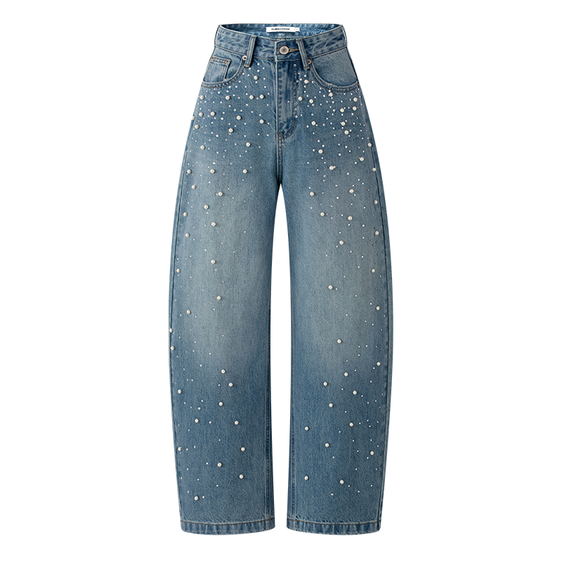 Dark Blue Rhinestone And Pearl Flare Jeans