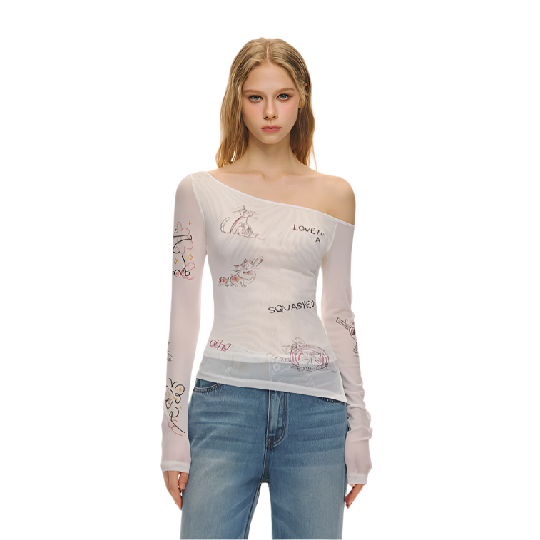 Creamy white off-shoulder tulle long sleeves