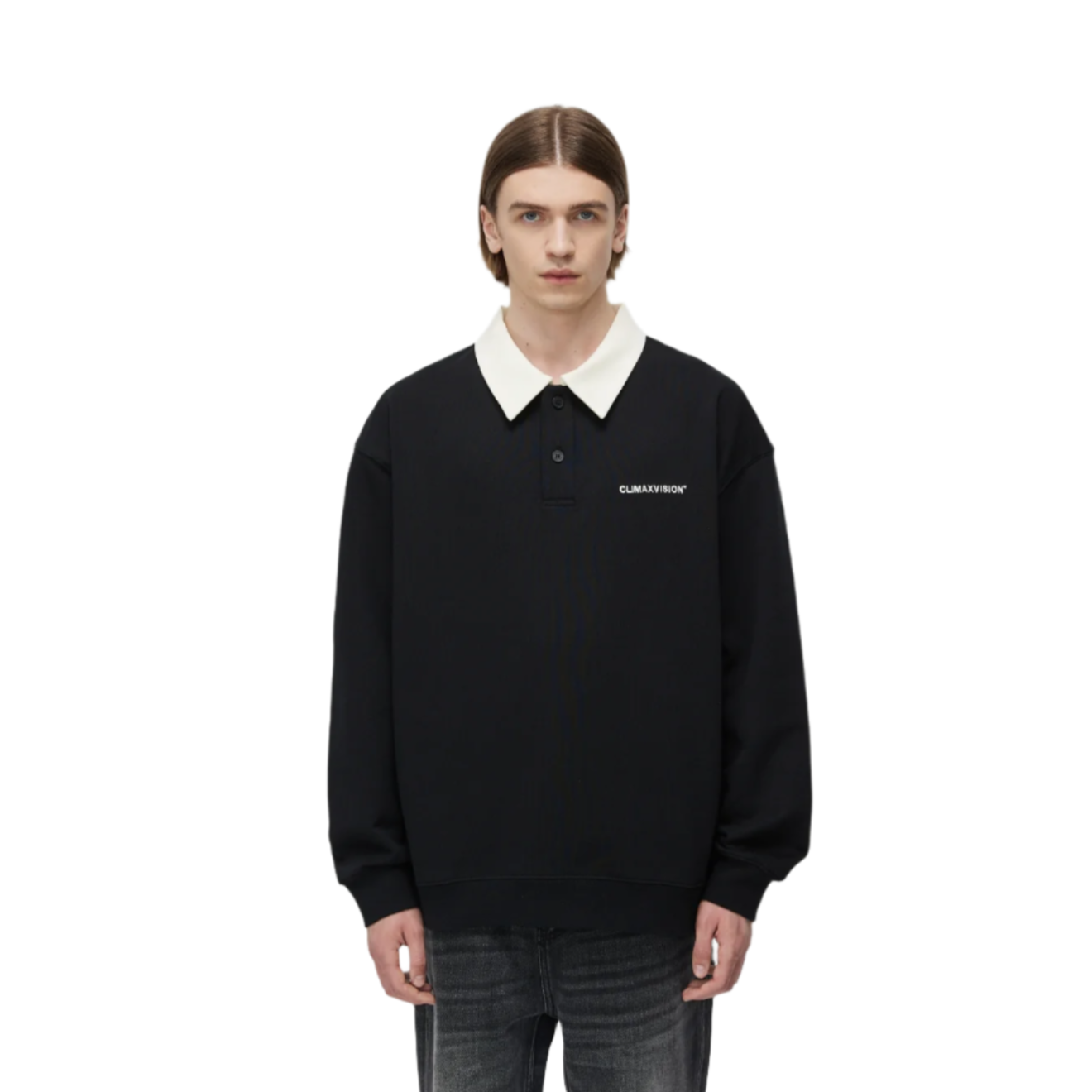 Black Embroidered Polo Collar Sweatshirt
