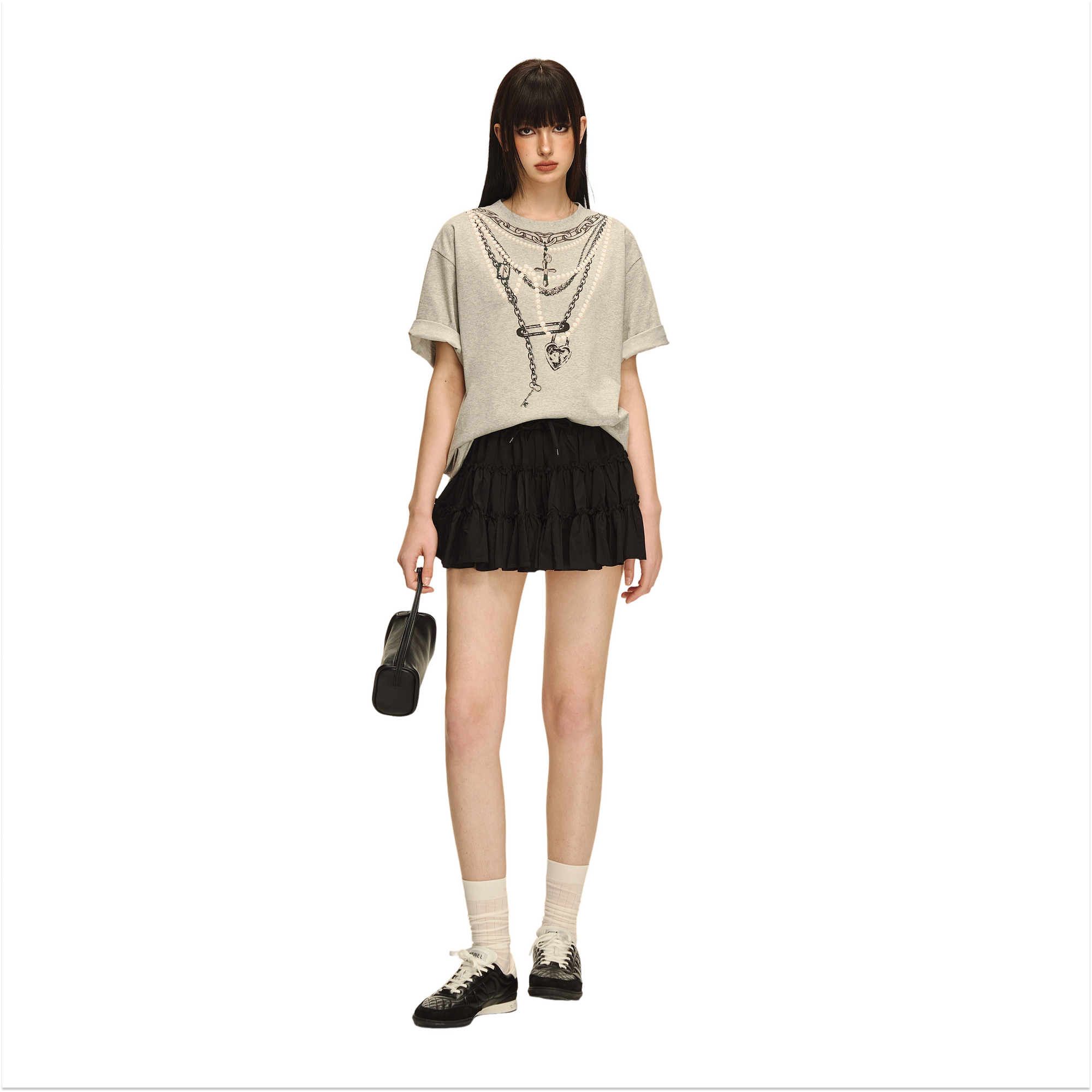 Grey 3D Pearl Print Chain Short Sleeve
