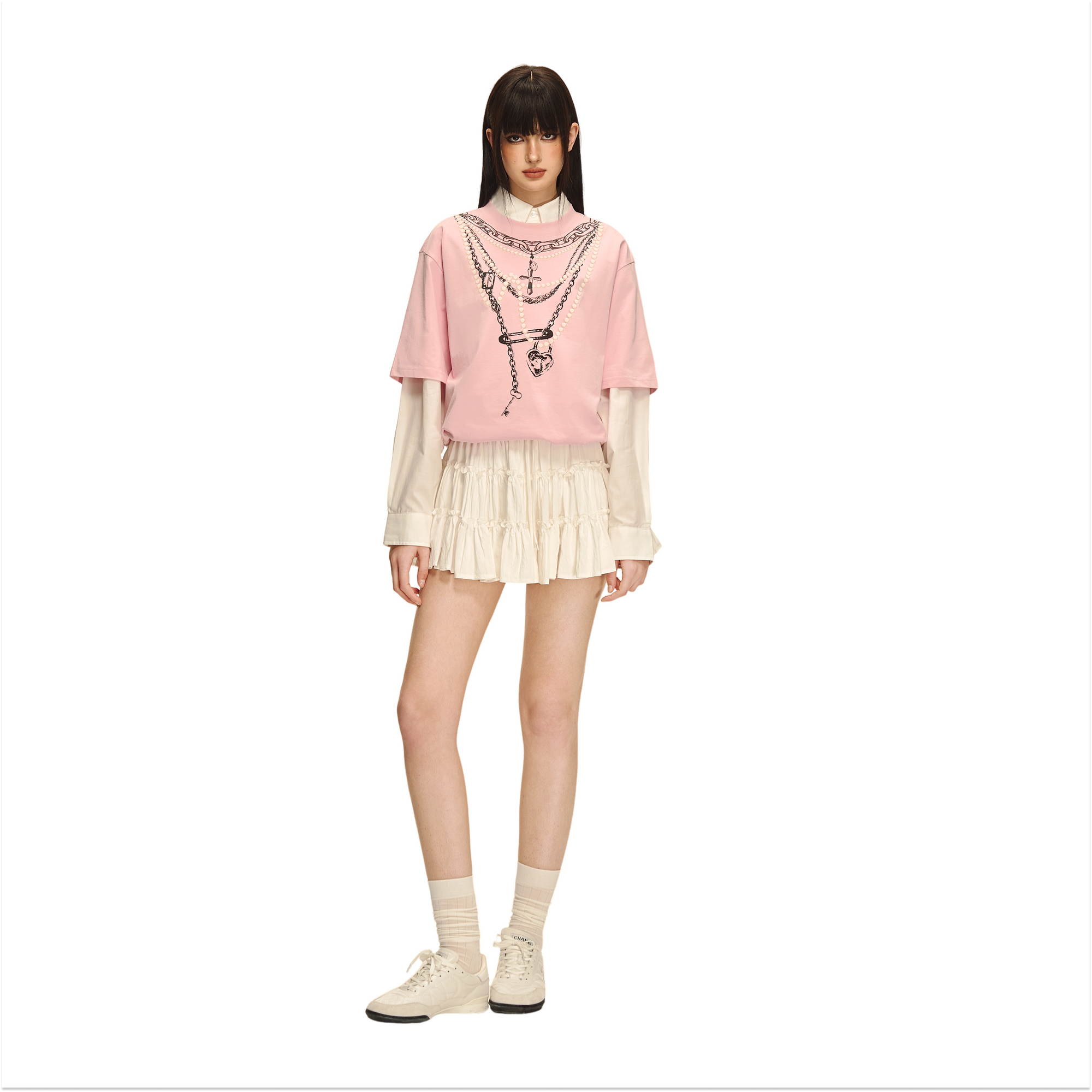Pink 3D Pearl Print Chain Short Sleeve