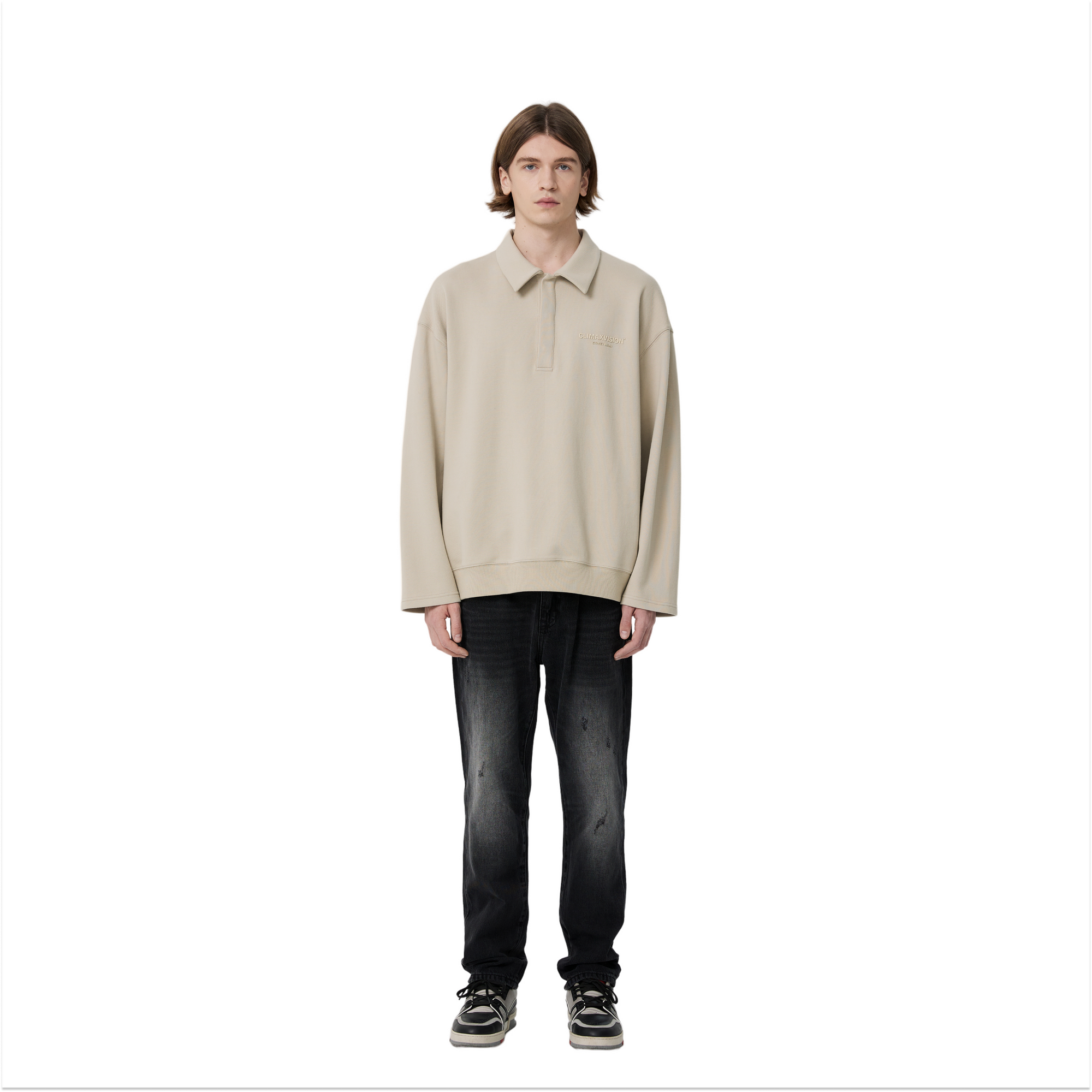Wheat-colored Double-breasted Lettering Polo Sweatshirt