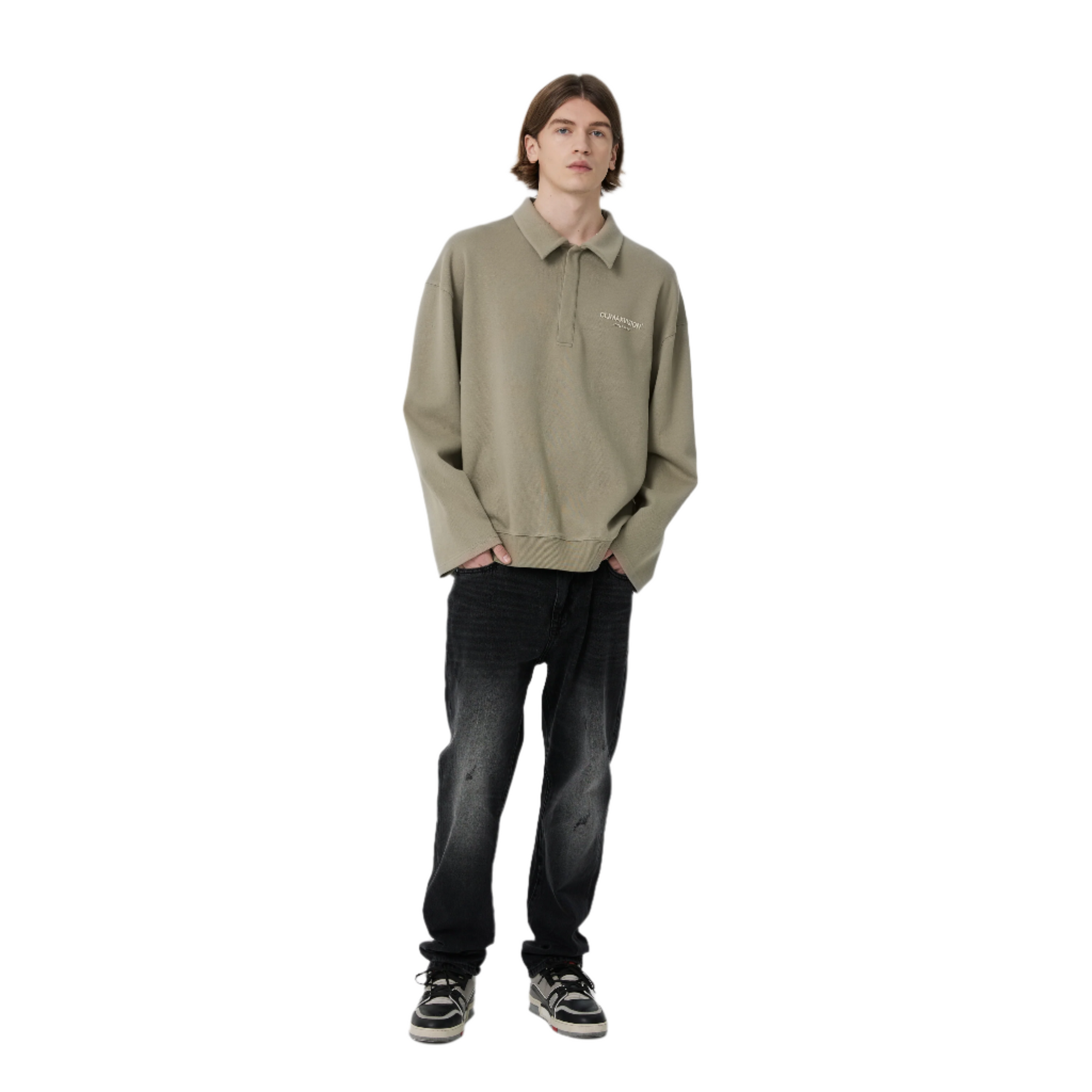 Gray Green Double-breasted Lettering Polo Sweatshirt