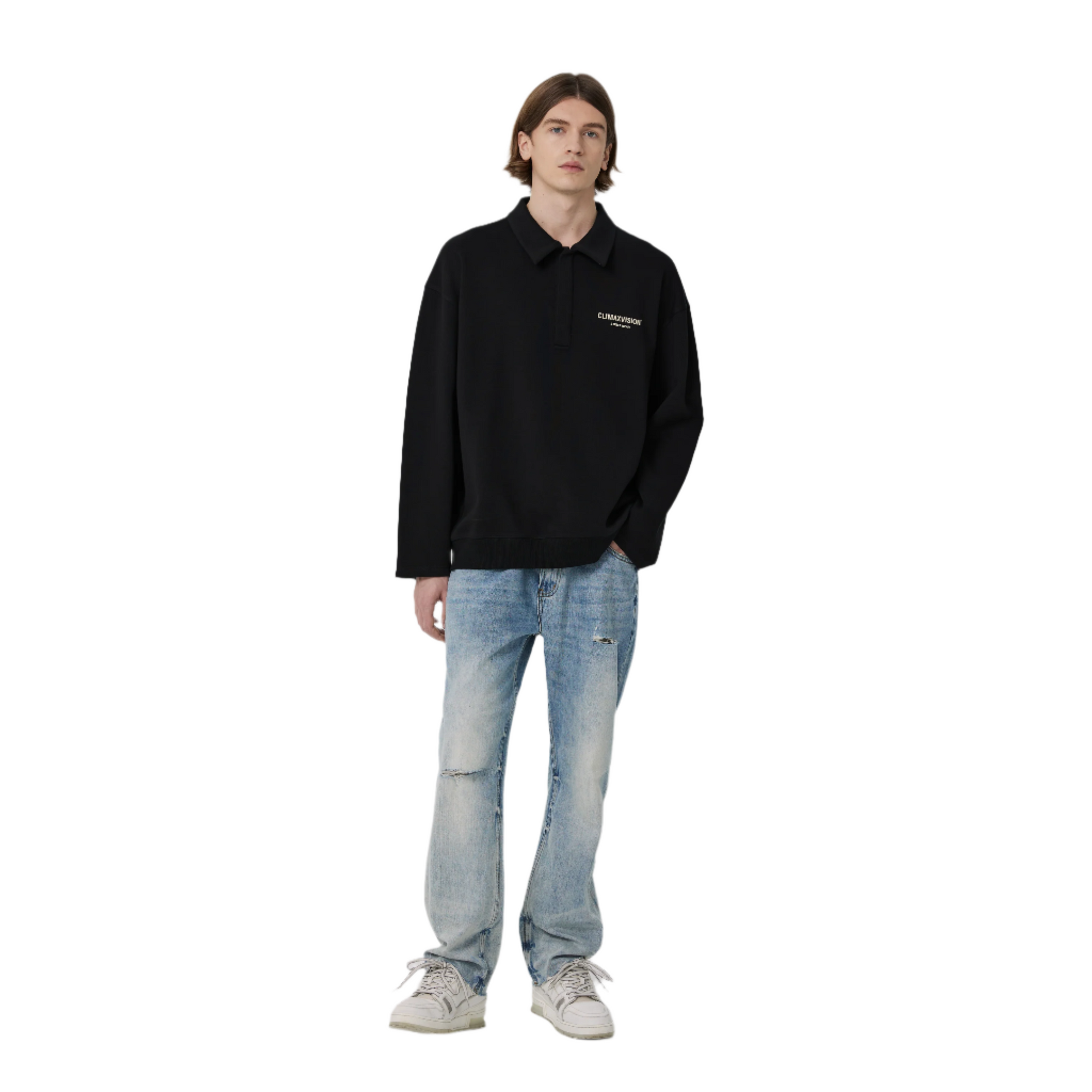 Black Double-breasted Lettering Polo Sweatshirt