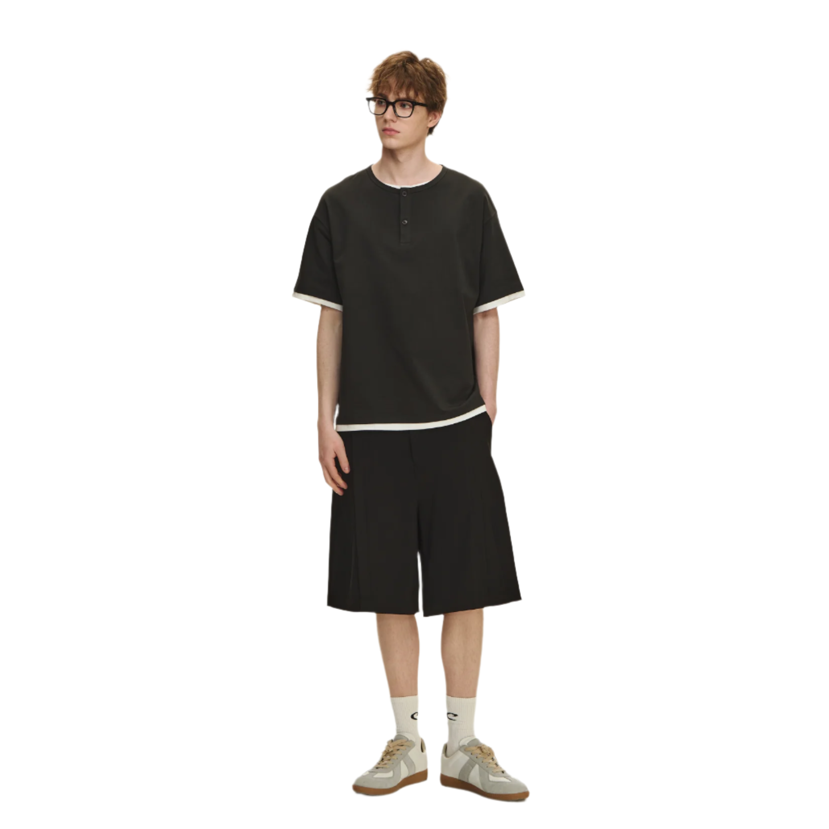 Dark Grey Fake Two Piece Henley Collar Short Sleeves