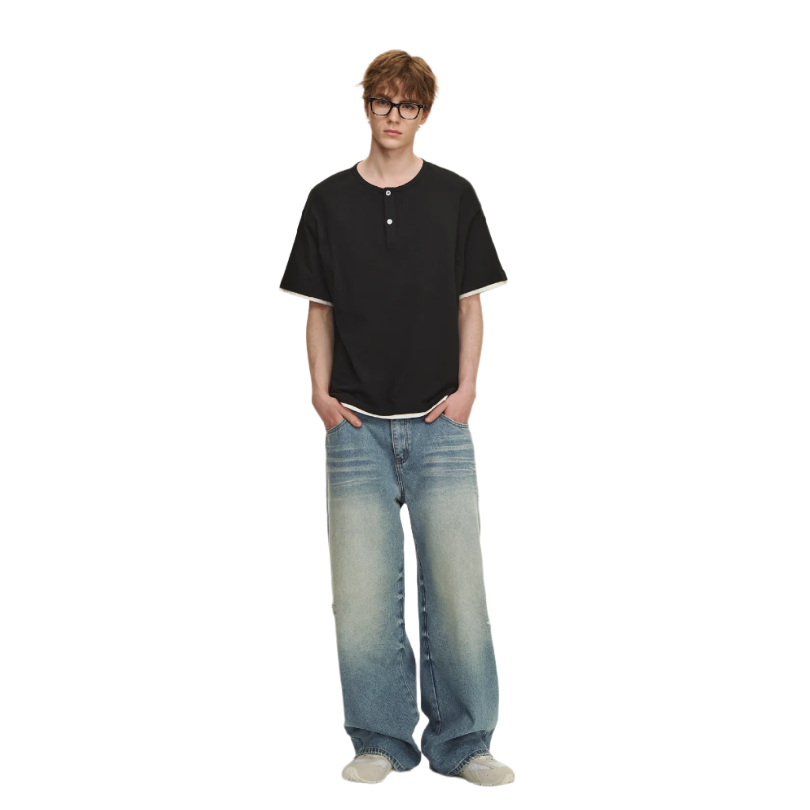 Black Fake Two Piece Henley Collar Short Sleeve