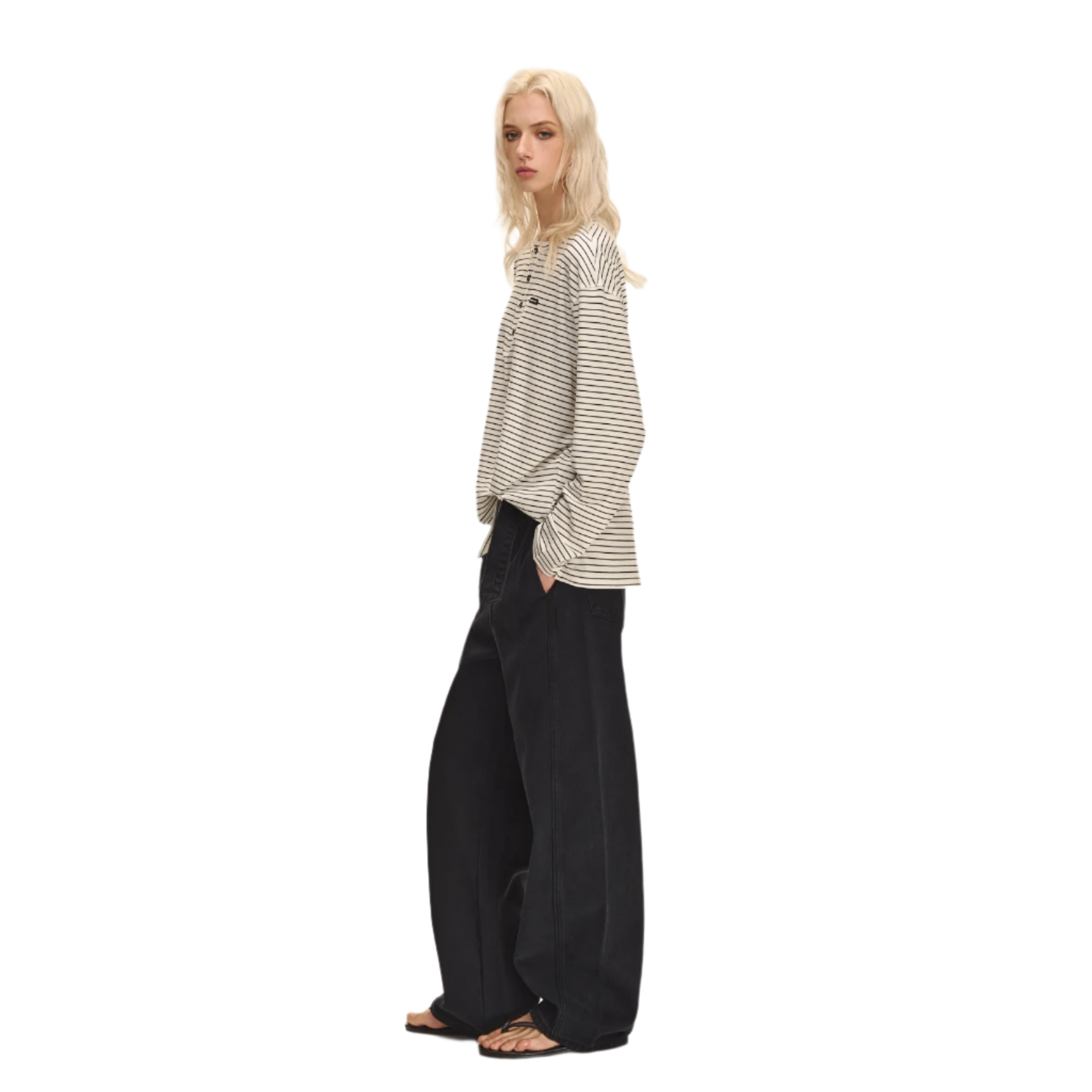 Black and white striped lyocell stretch henley collar long sleeves