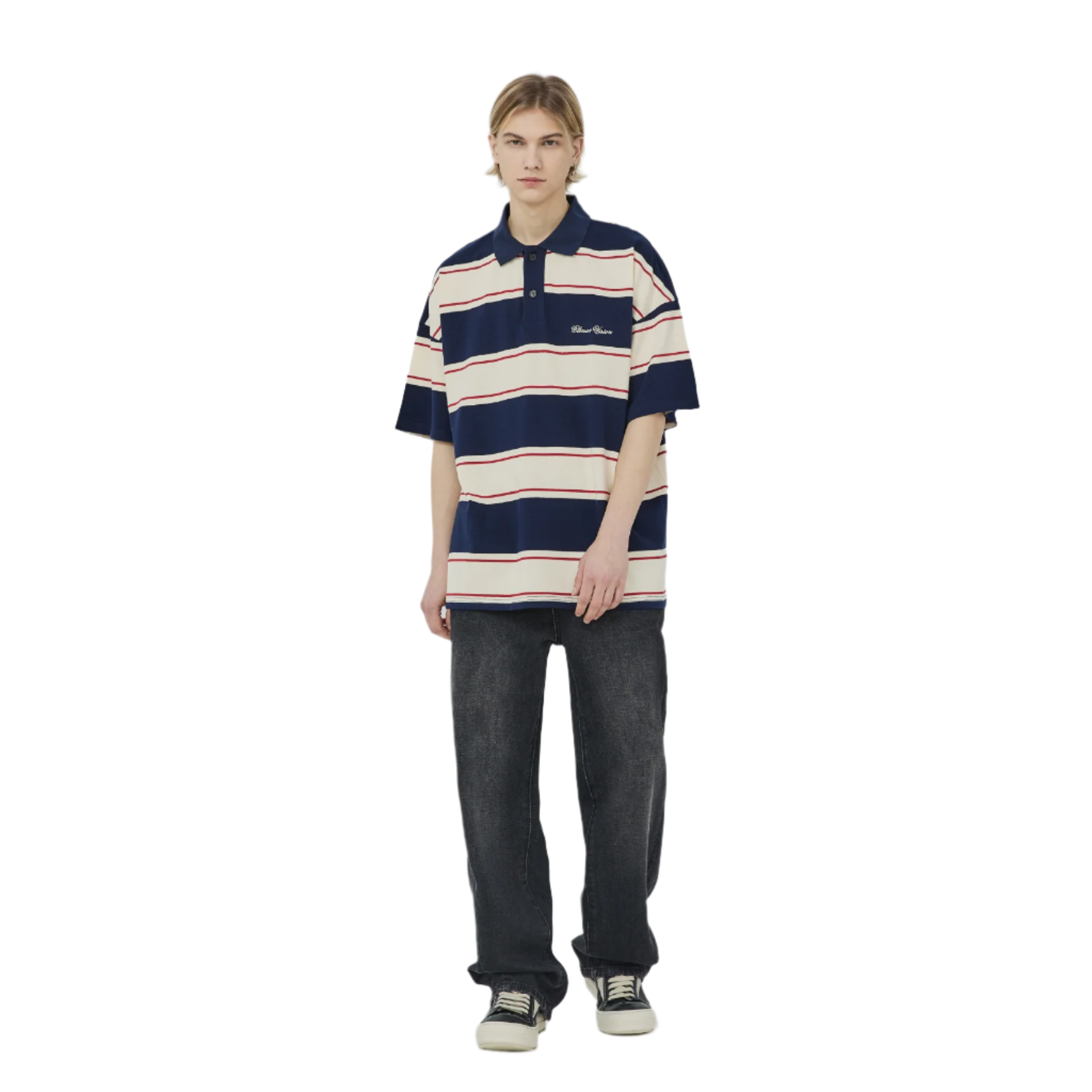 Navy Blue Striped Embroidered Polo Collar Short Sleeves