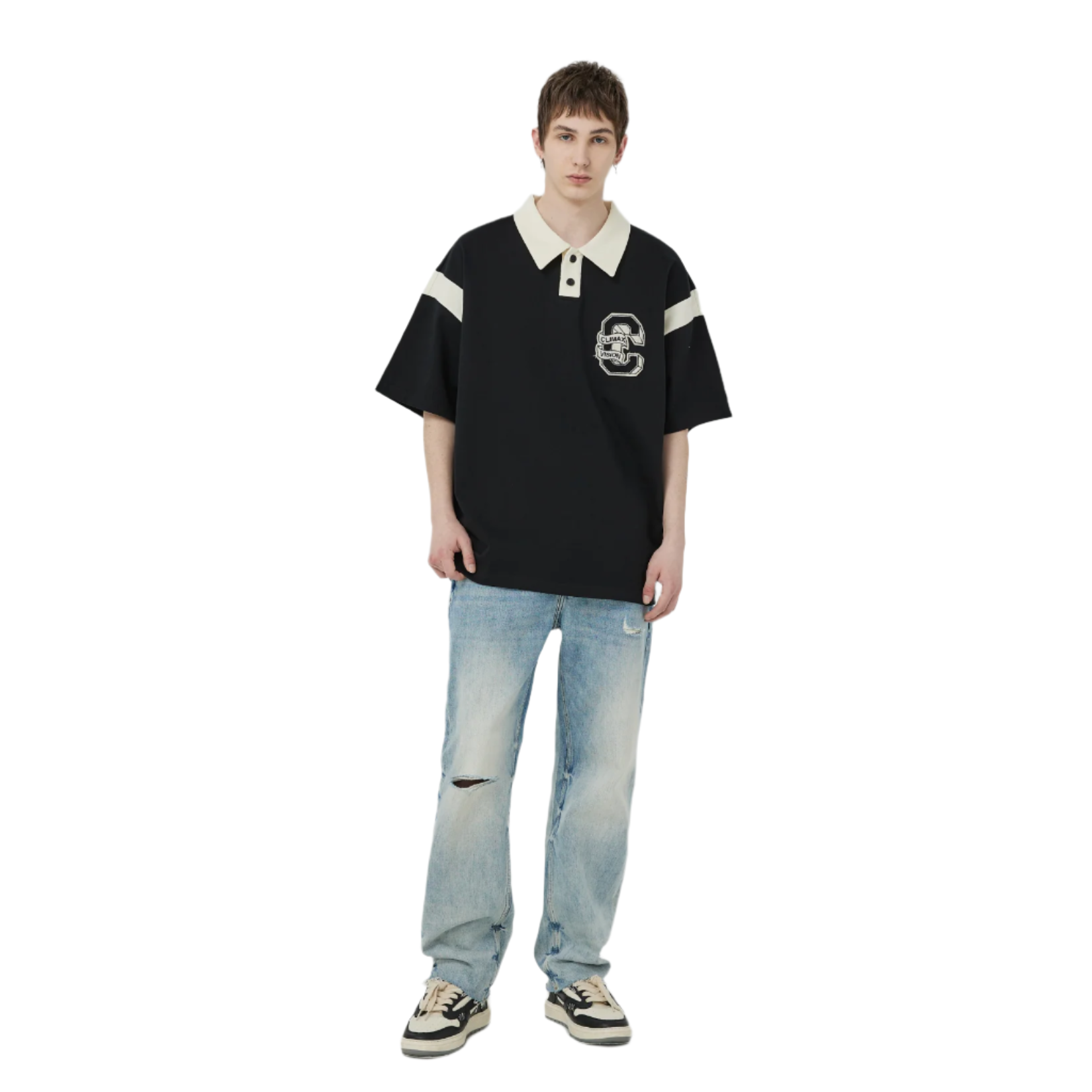 Navy blue contrast color C-shaped Polo short sleeve