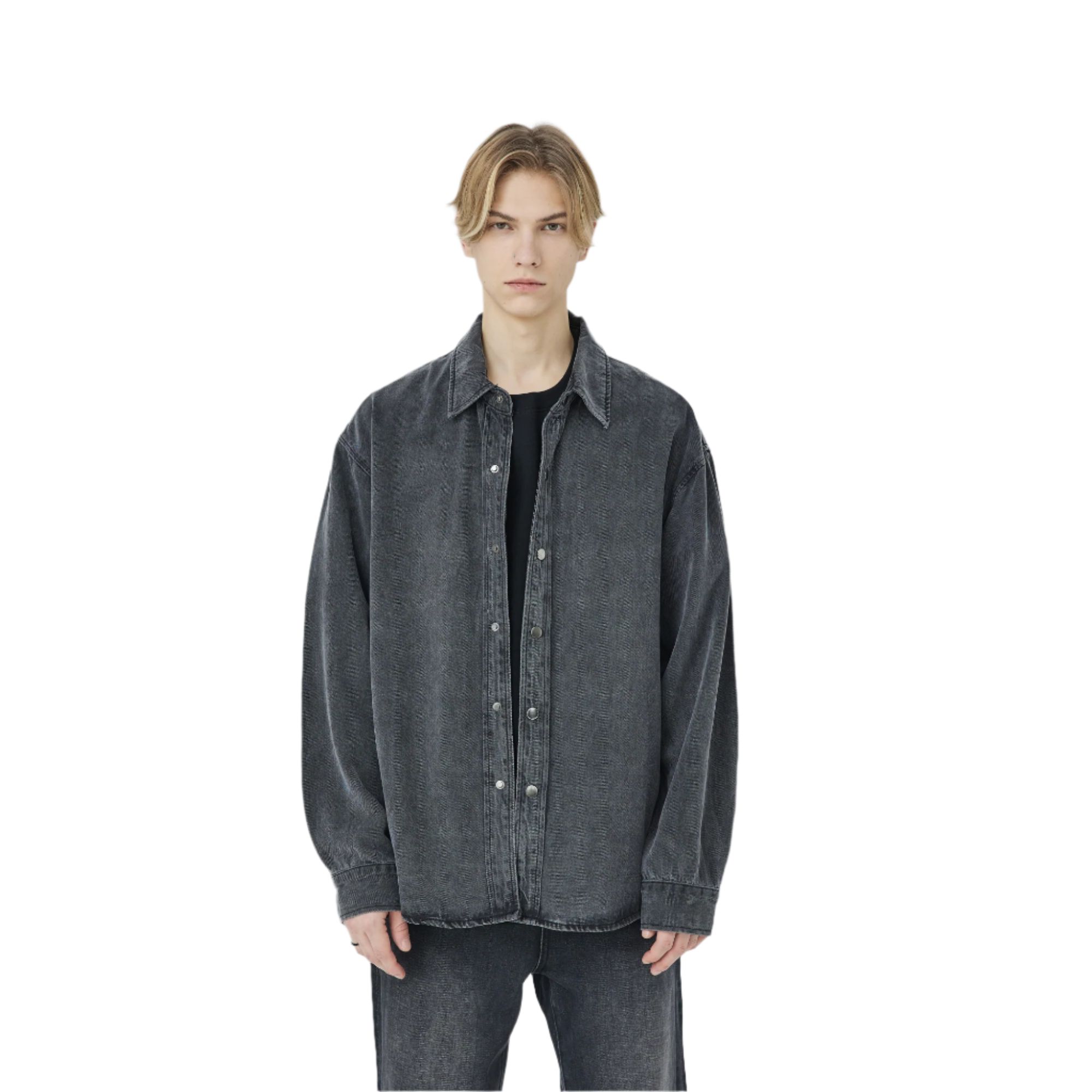 Black Lyocell Certified Washed Distressed Denim Shirt
