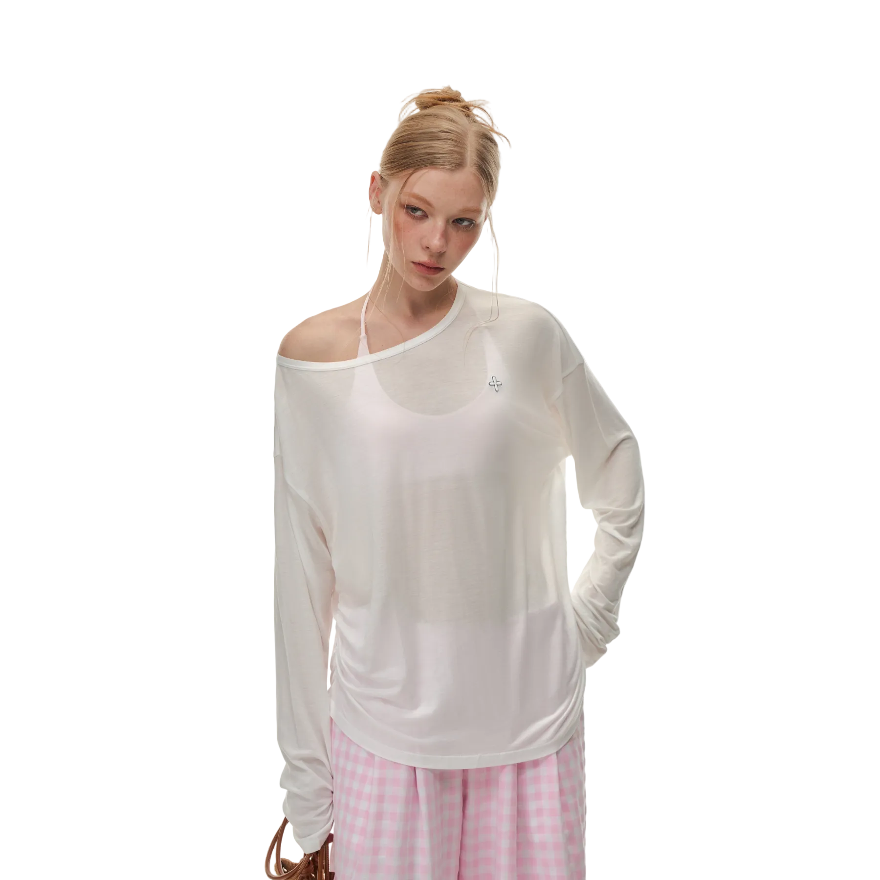 White Cross Flower Ruffled Off-Shoulder Long Sleeve