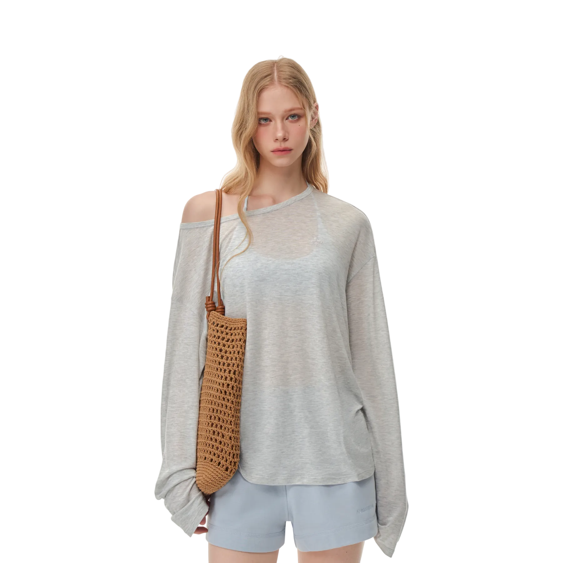 Grey Cross Flower Ruffled Off-Shoulder Long Sleeve