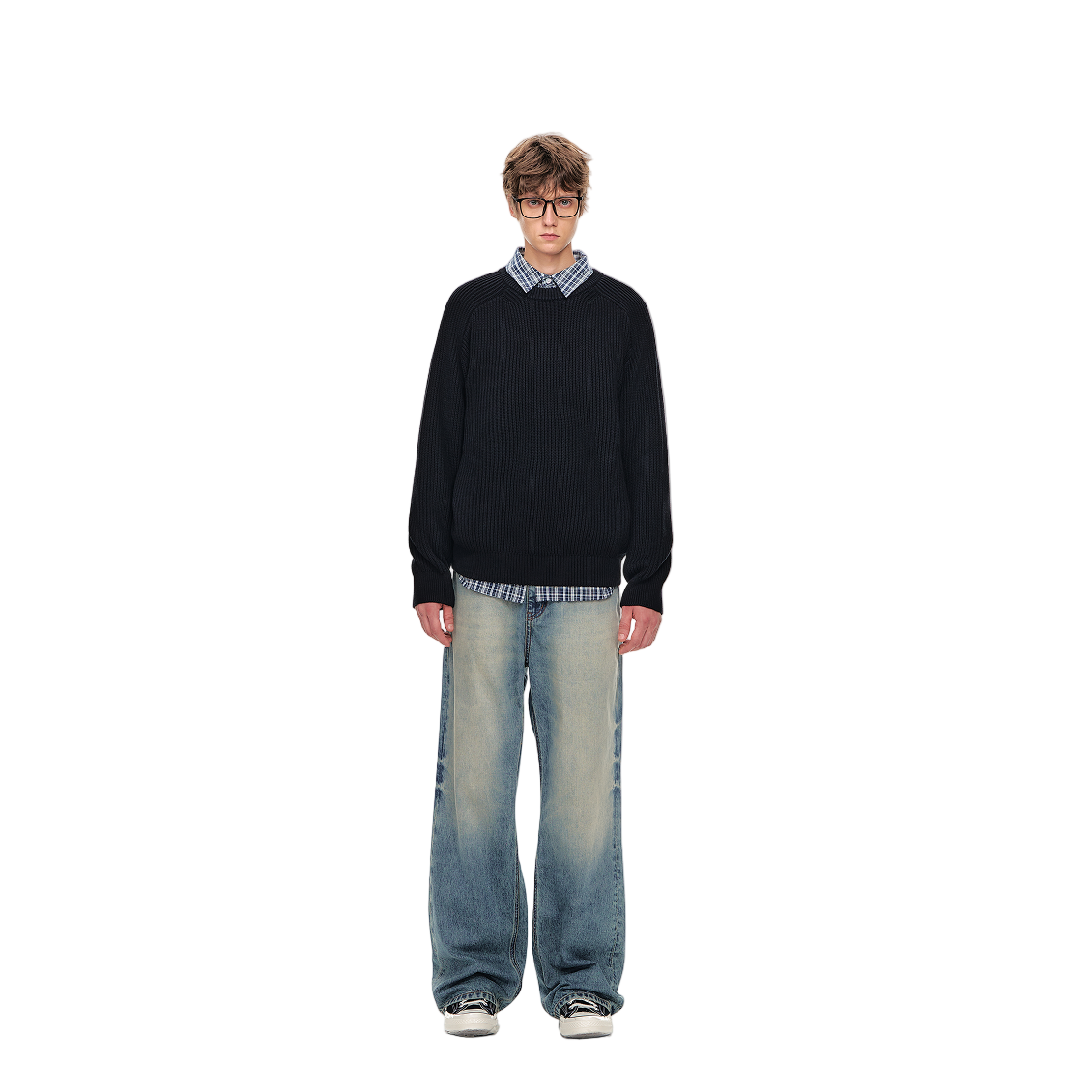 Combed Cotton Ribbed Raglan Sleeve Crew Neck Sweater In Black
