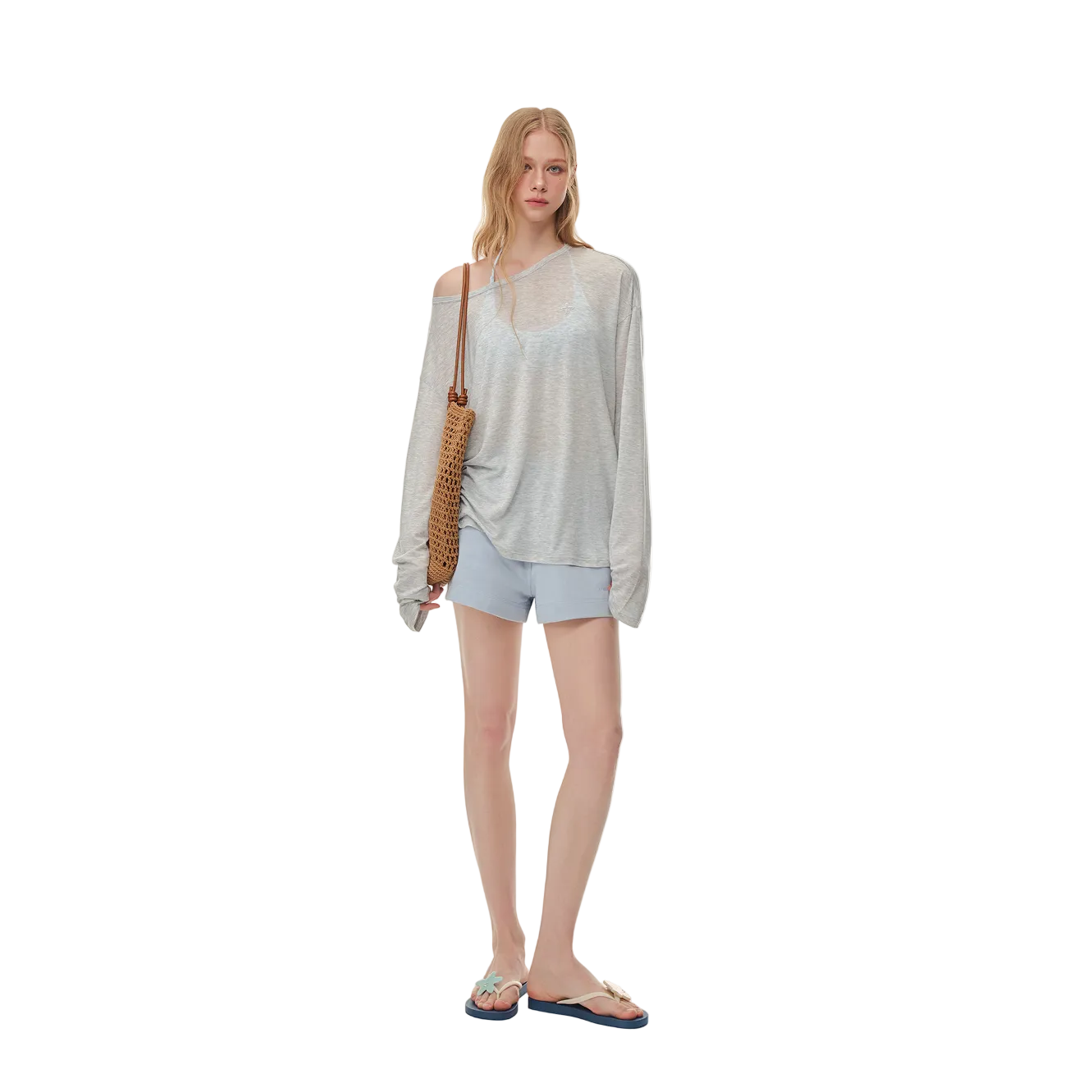 Grey Cross Flower Ruffled Off-Shoulder Long Sleeve