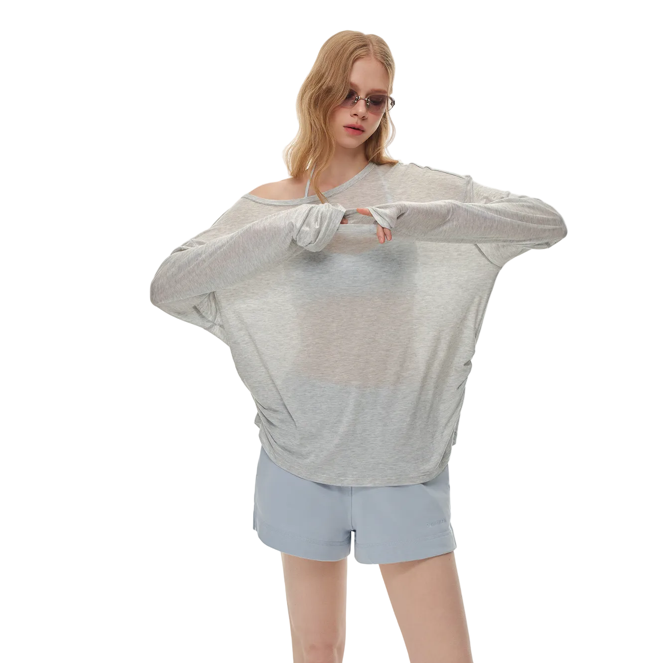 Grey Cross Flower Ruffled Off-Shoulder Long Sleeve