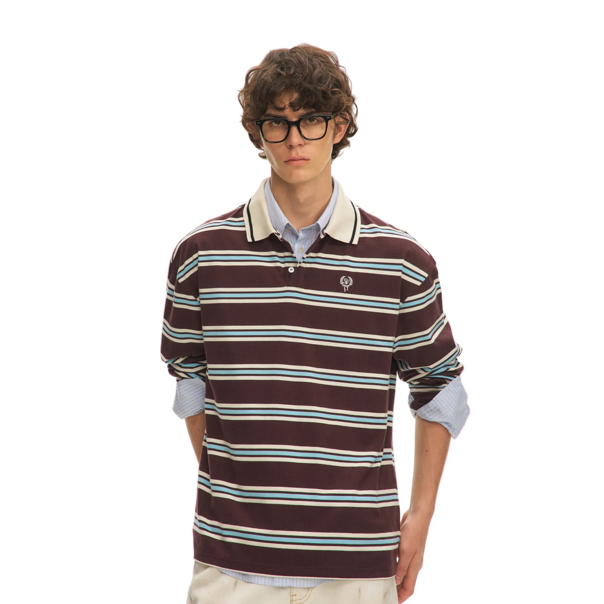 Burgundy Color-Blocked Striped Embroidered Polo Shirt Long Sleeve