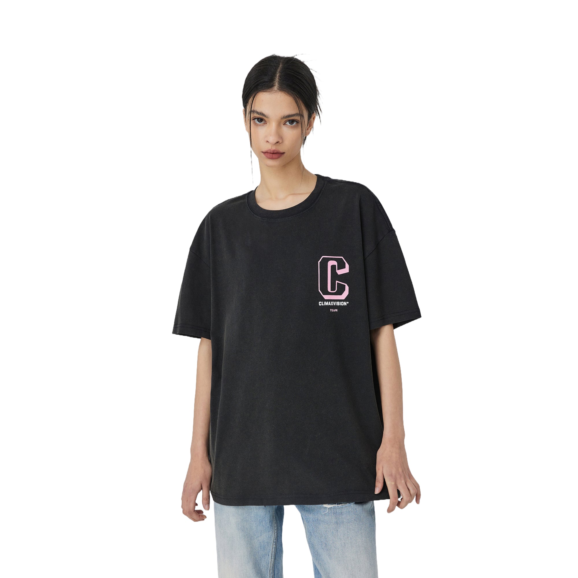 Black And Pink Washed Retro C Logo Print Short Sleeves