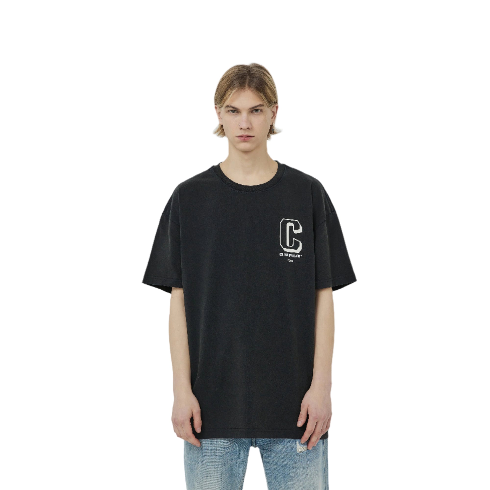 Black And White Washed Retro C Logo Print Short Sleeves