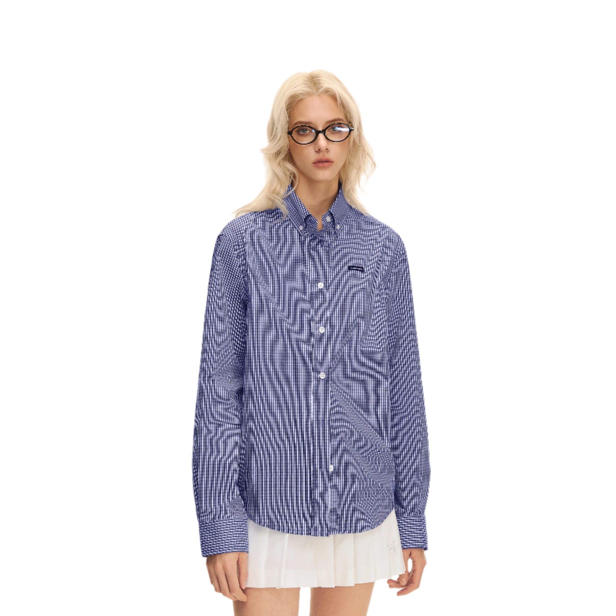 Dark blue slightly stretch check vintage shirt