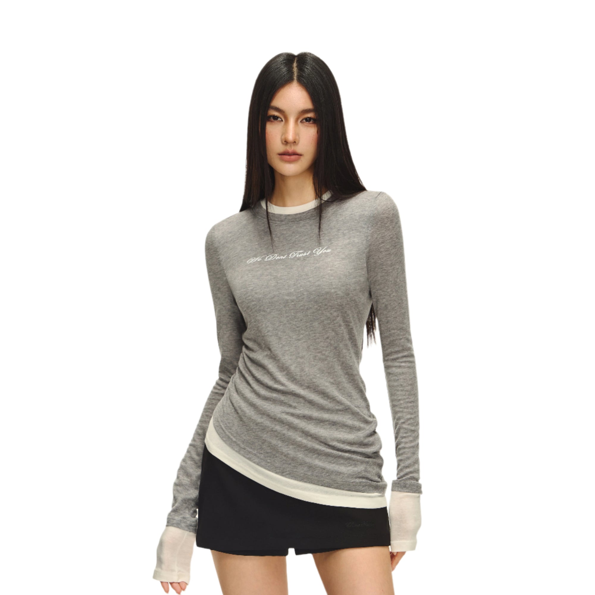 Gray light elastic fake two-piece long sleeves
