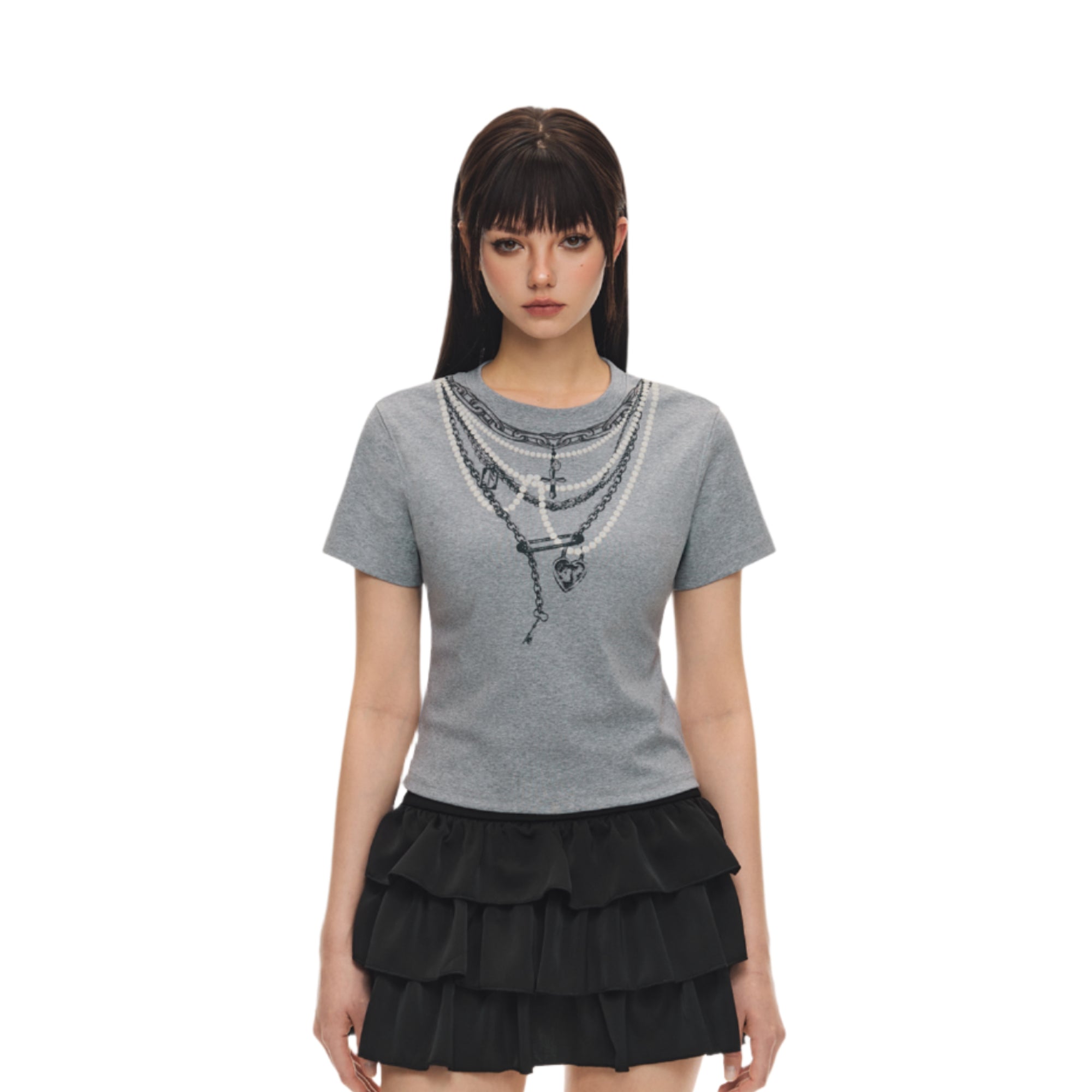 Grey Pearl Chain Printed Short Sleeves