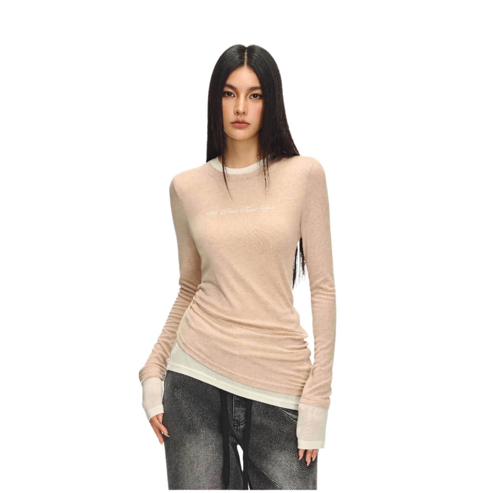Light Khaki Thin Elastic Fake Two-piece Long Sleeve