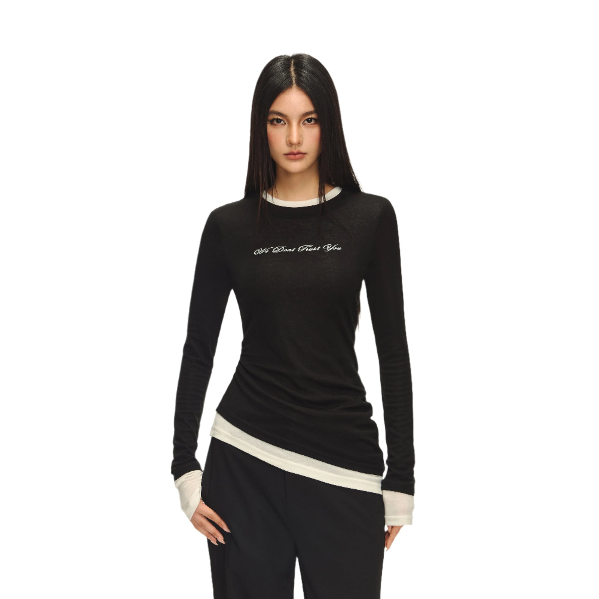 Midnight black light elastic fake two-piece long sleeves