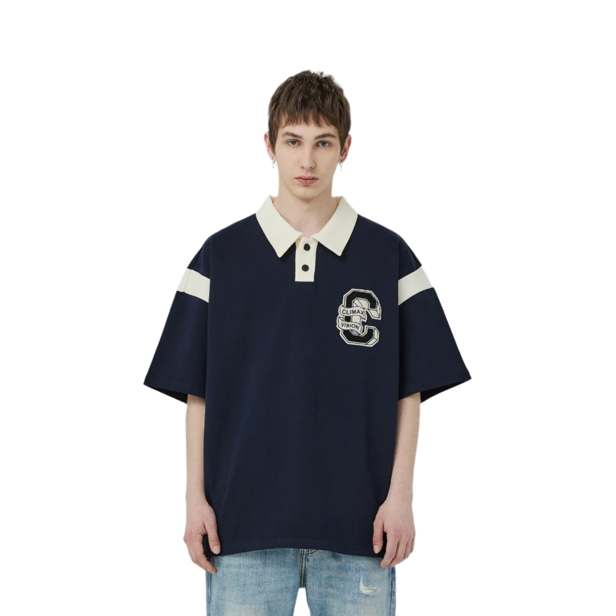 Navy blue contrast color C-shaped Polo short sleeve