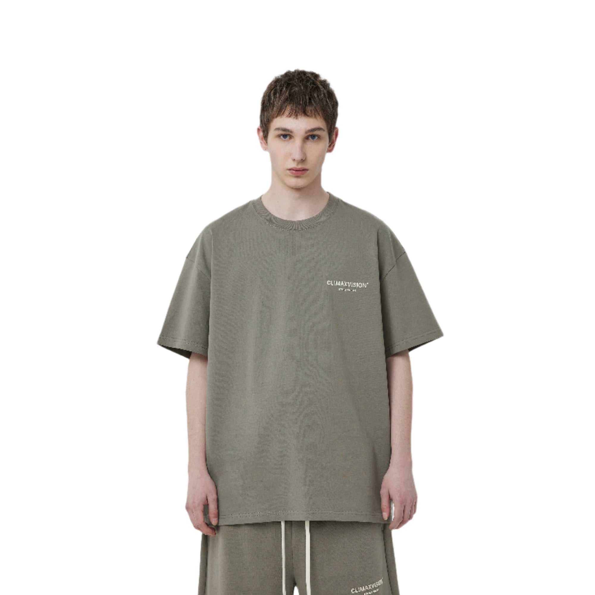 Khaki Grey Double Row Letter Flocked Short Sleeves