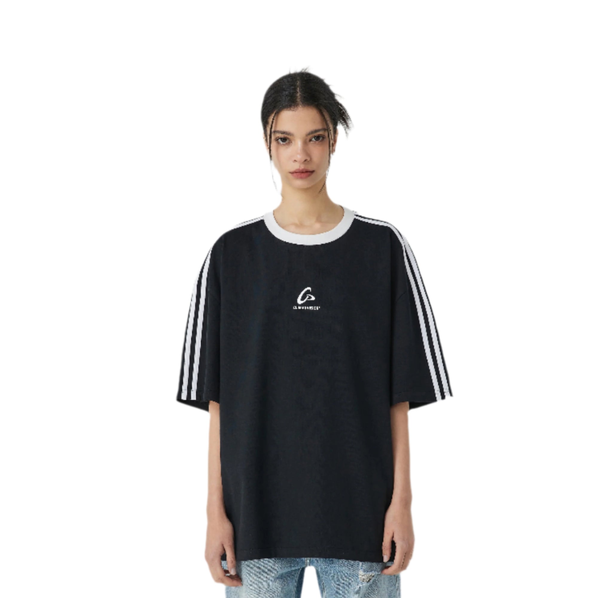 Black Retro Sports Color-blocked Striped T-shirt