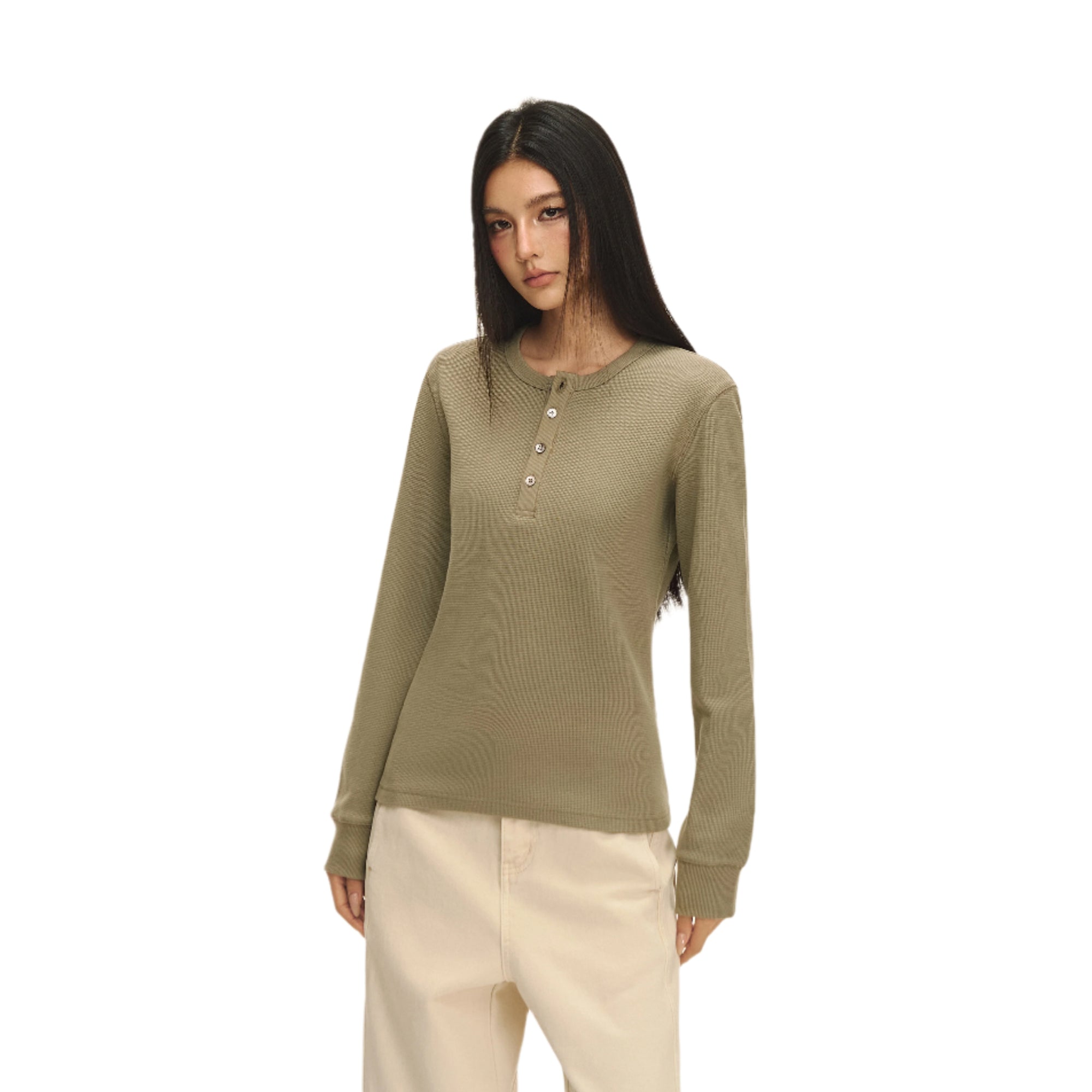 Green Waffle Texture Long Sleeve T-shirt