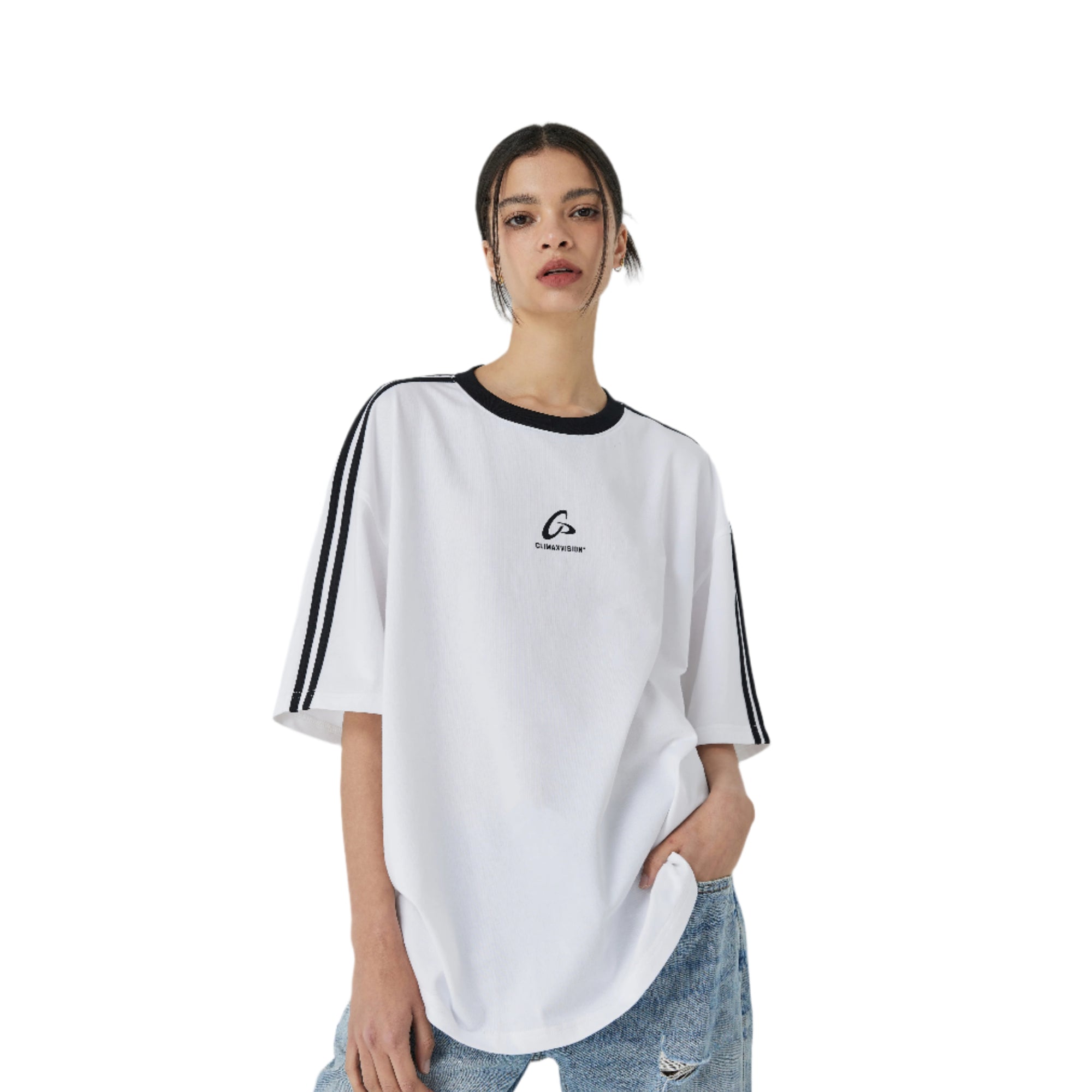 White Retro Sports Contrast Stripe T-Shirt