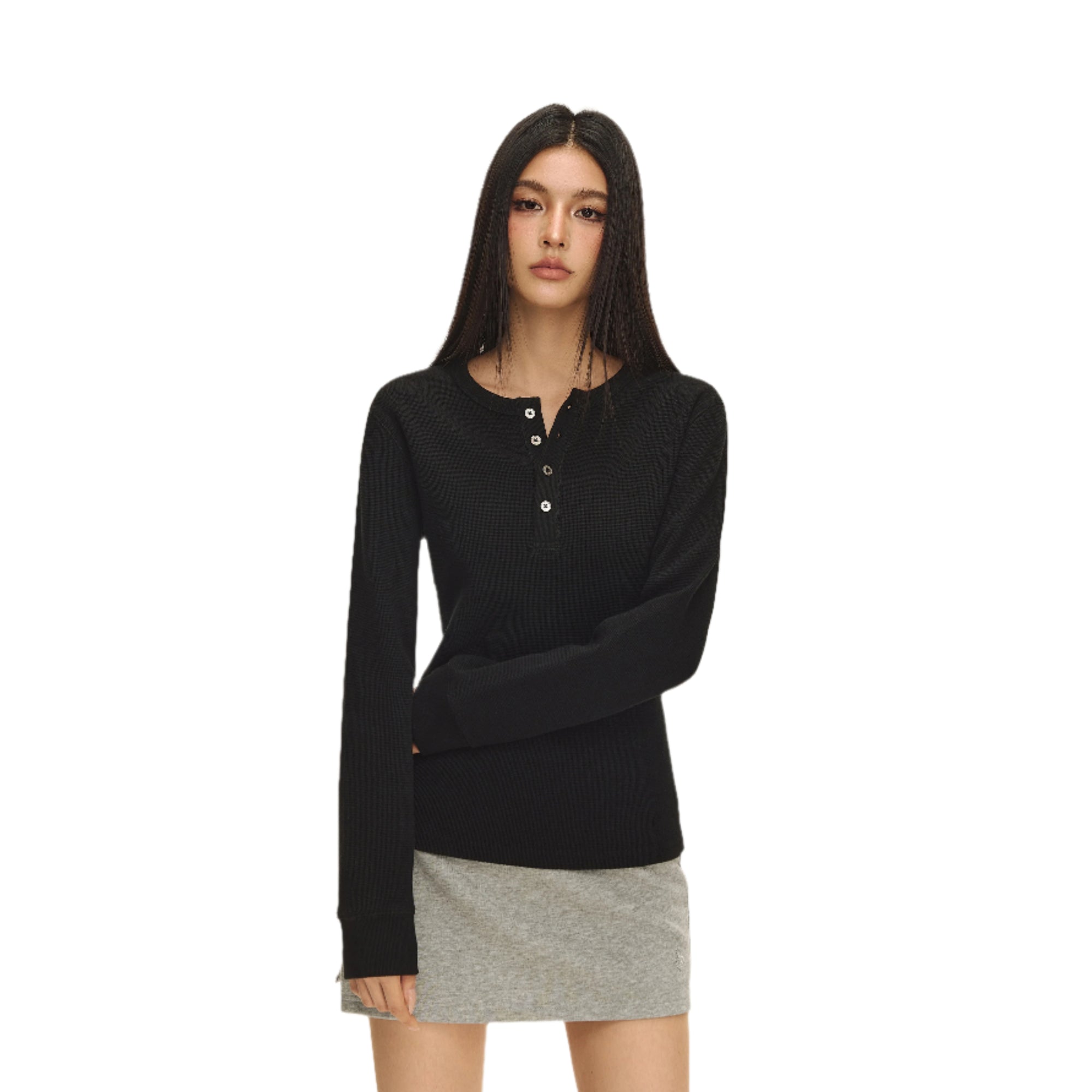 Black Waffle Texture Long Sleeve T-shirt