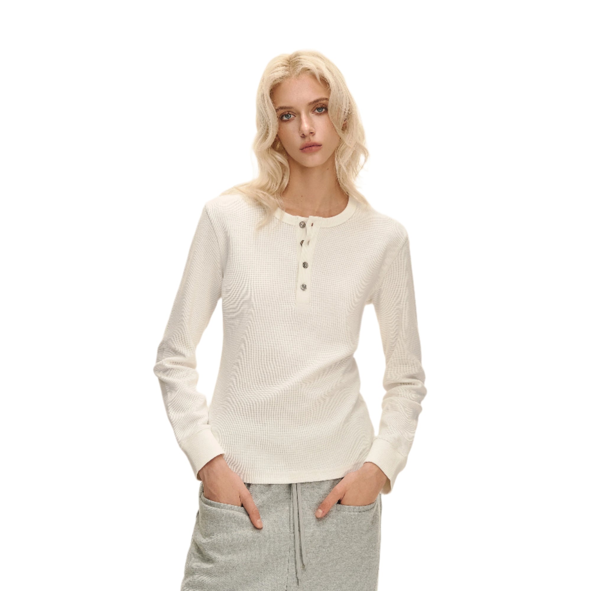 White Waffle Texture Long Sleeve T-shirt