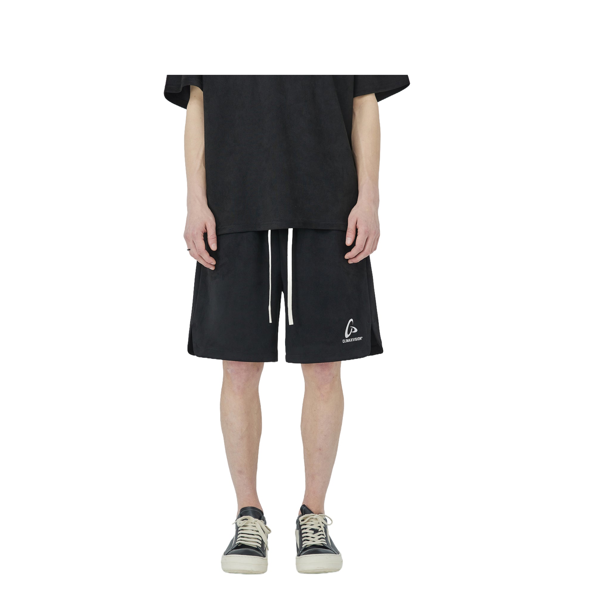 Black Frisbee Print Suede Shorts