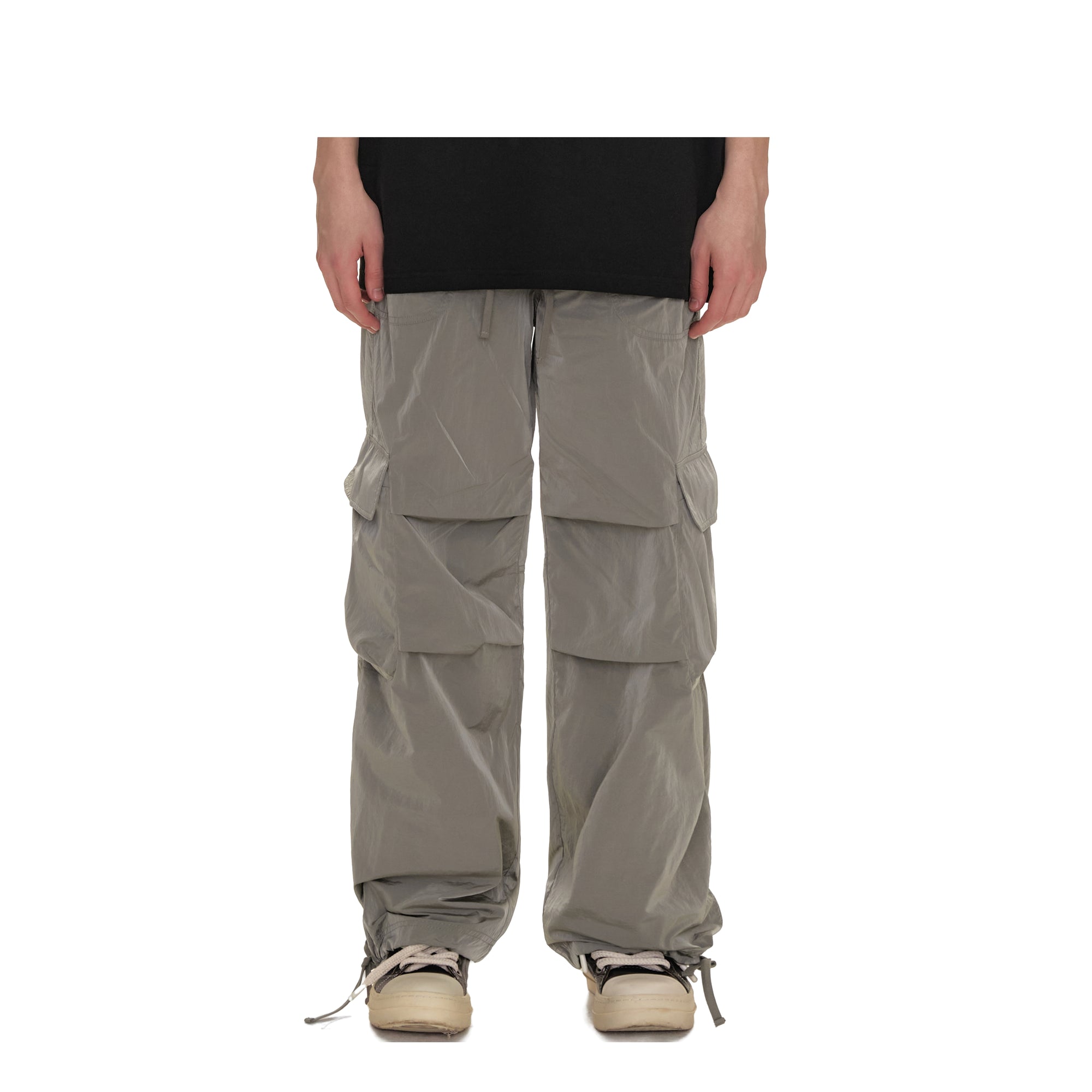 Grey Nylon Pleated Paratrooper Cargo Pants