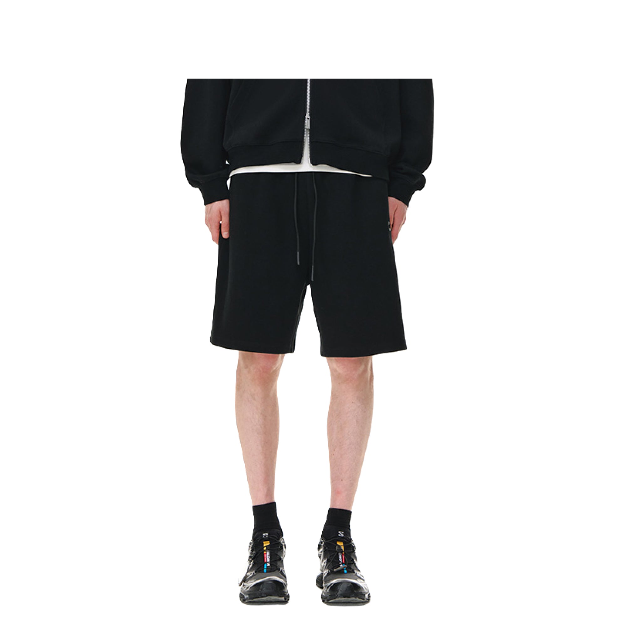 Black Textured Cotton Piqué Embroidered Sports Shorts