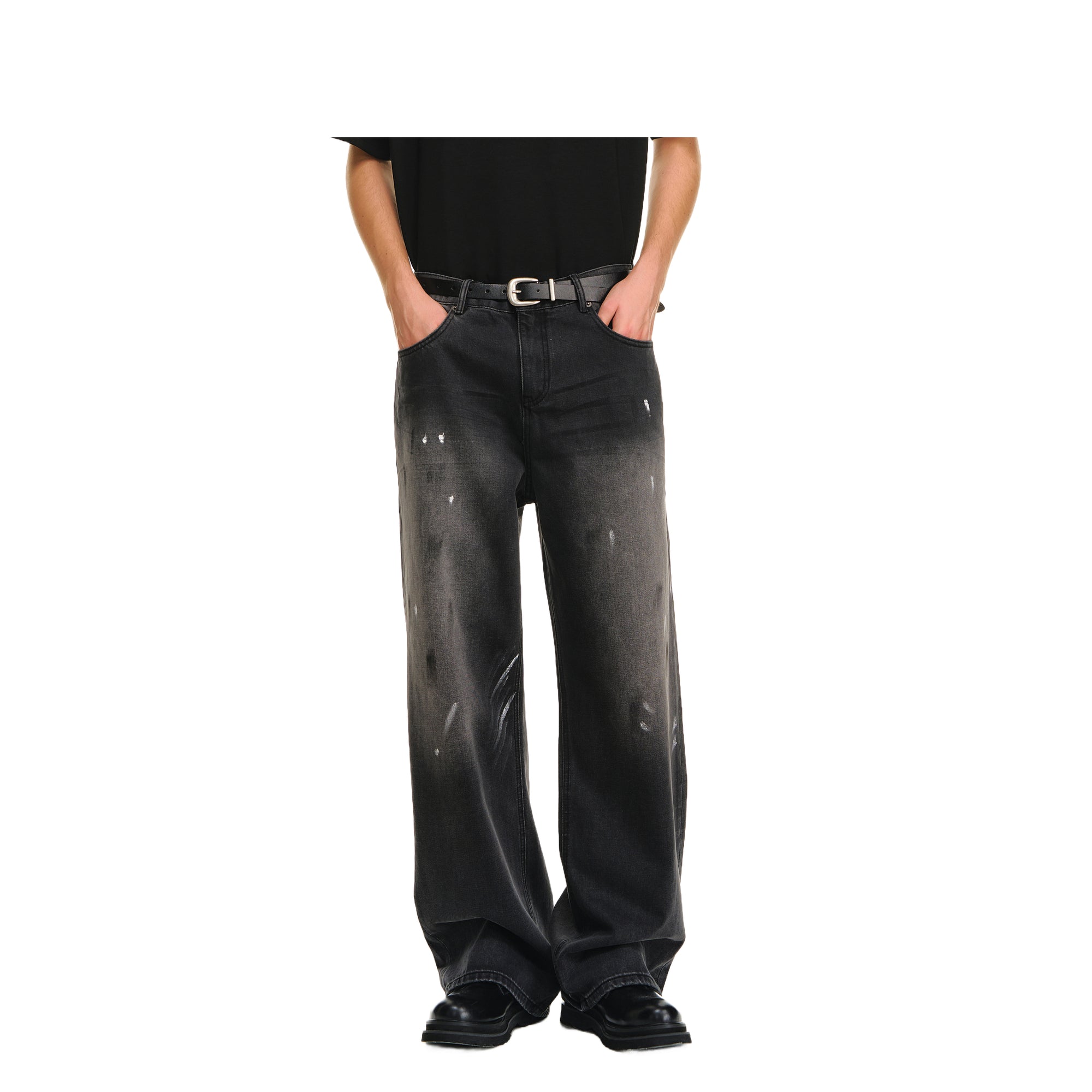 Black Washed Distressed Ink-splashed Straight-leg Denim Trousers
