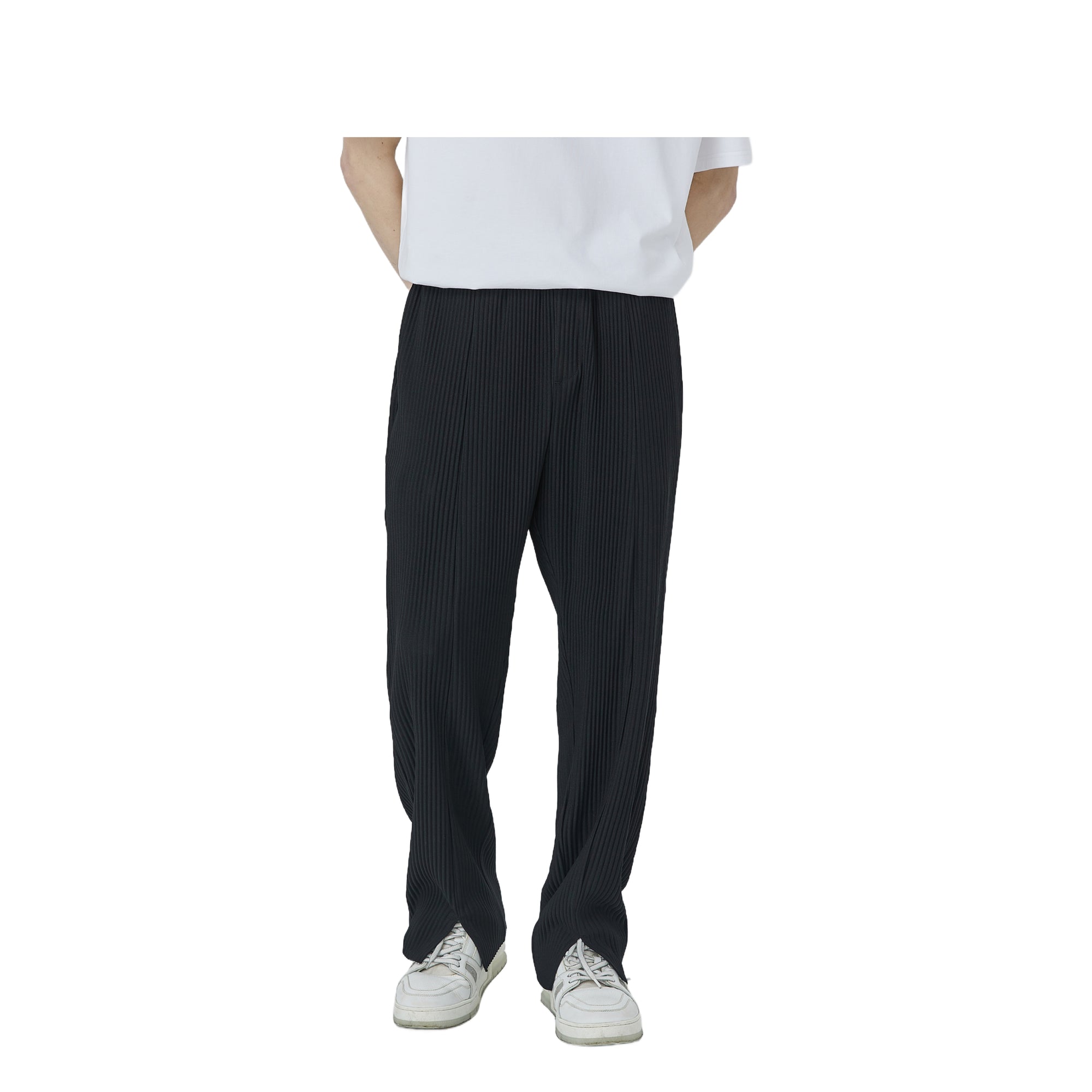 Black Draping Pleated Textured Slit Pants