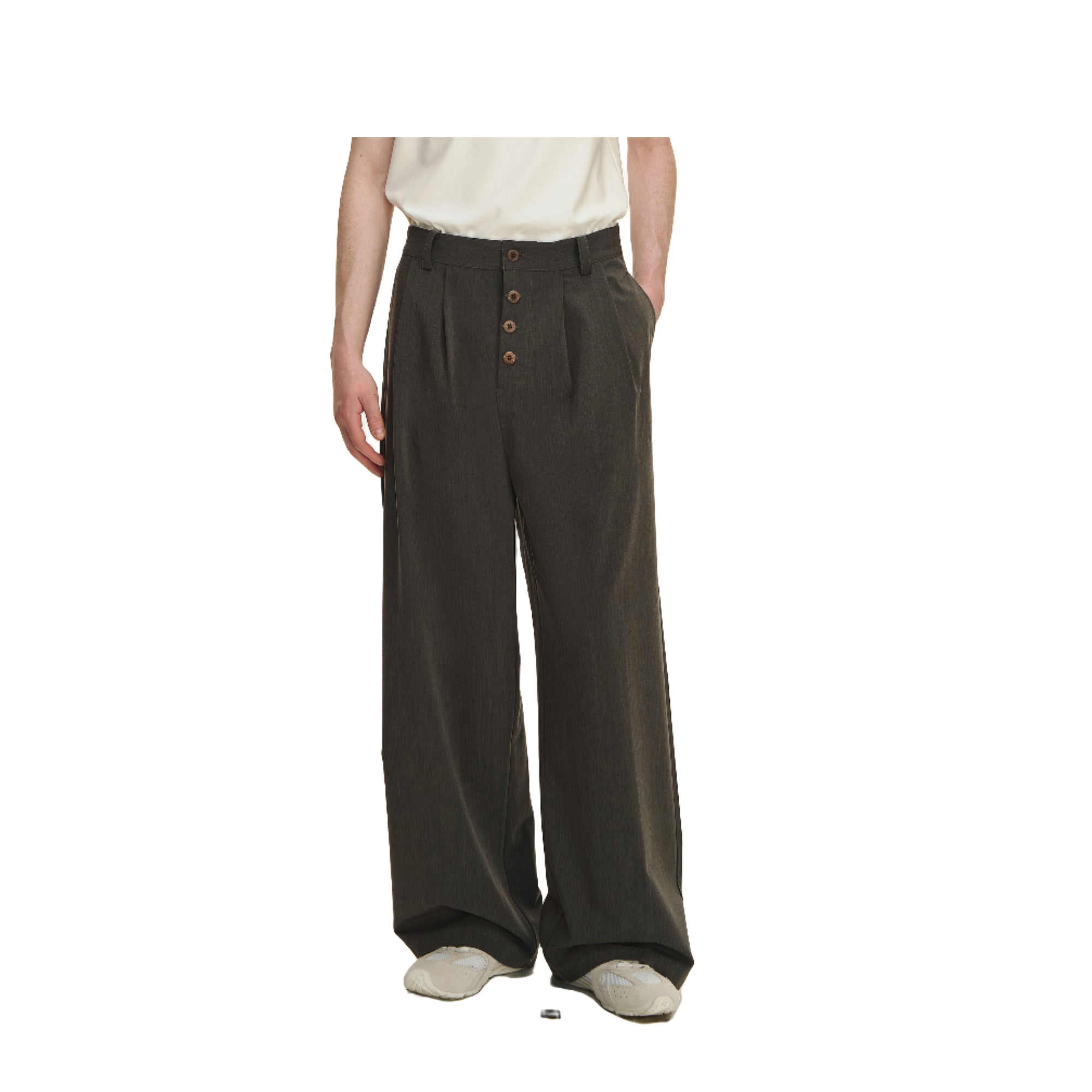Grey Pleated Straight Button-down Trousers
