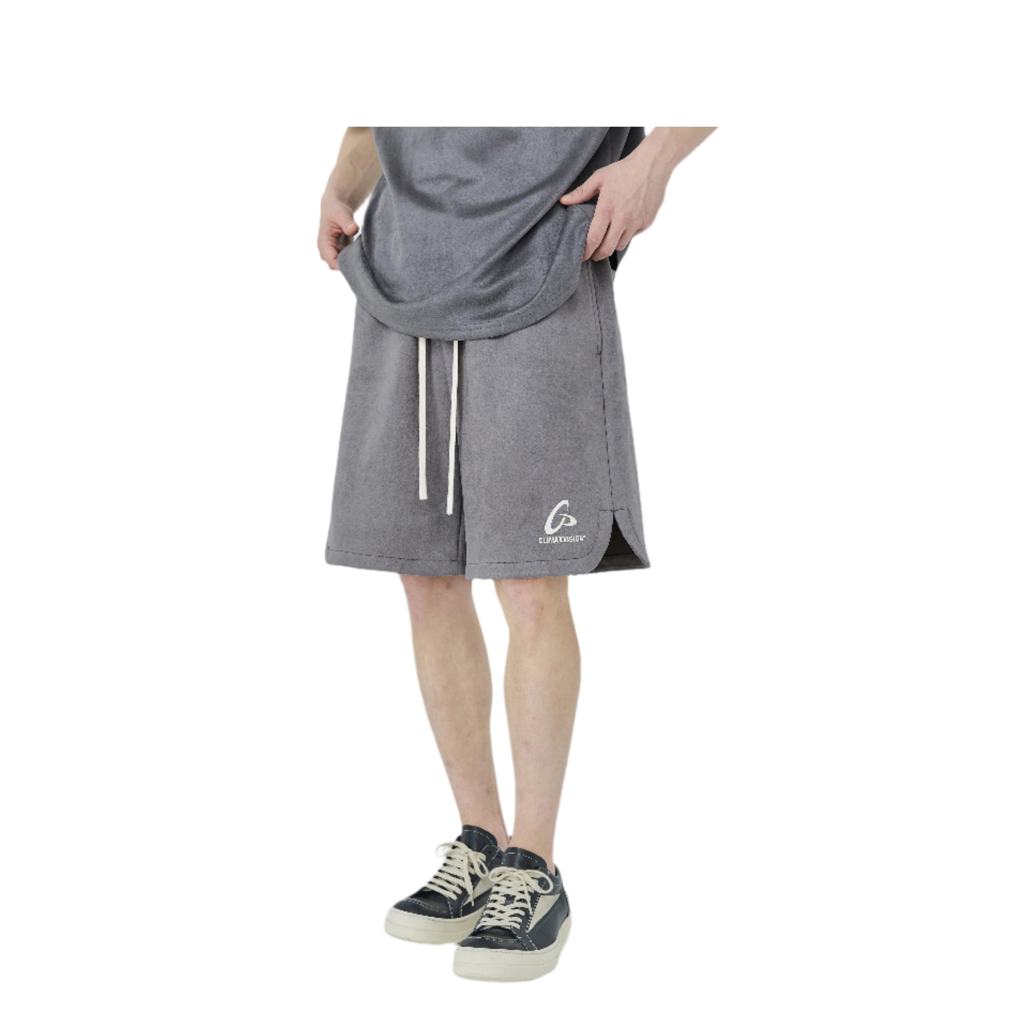 Dark Grey Frisbee Print Suede Shorts