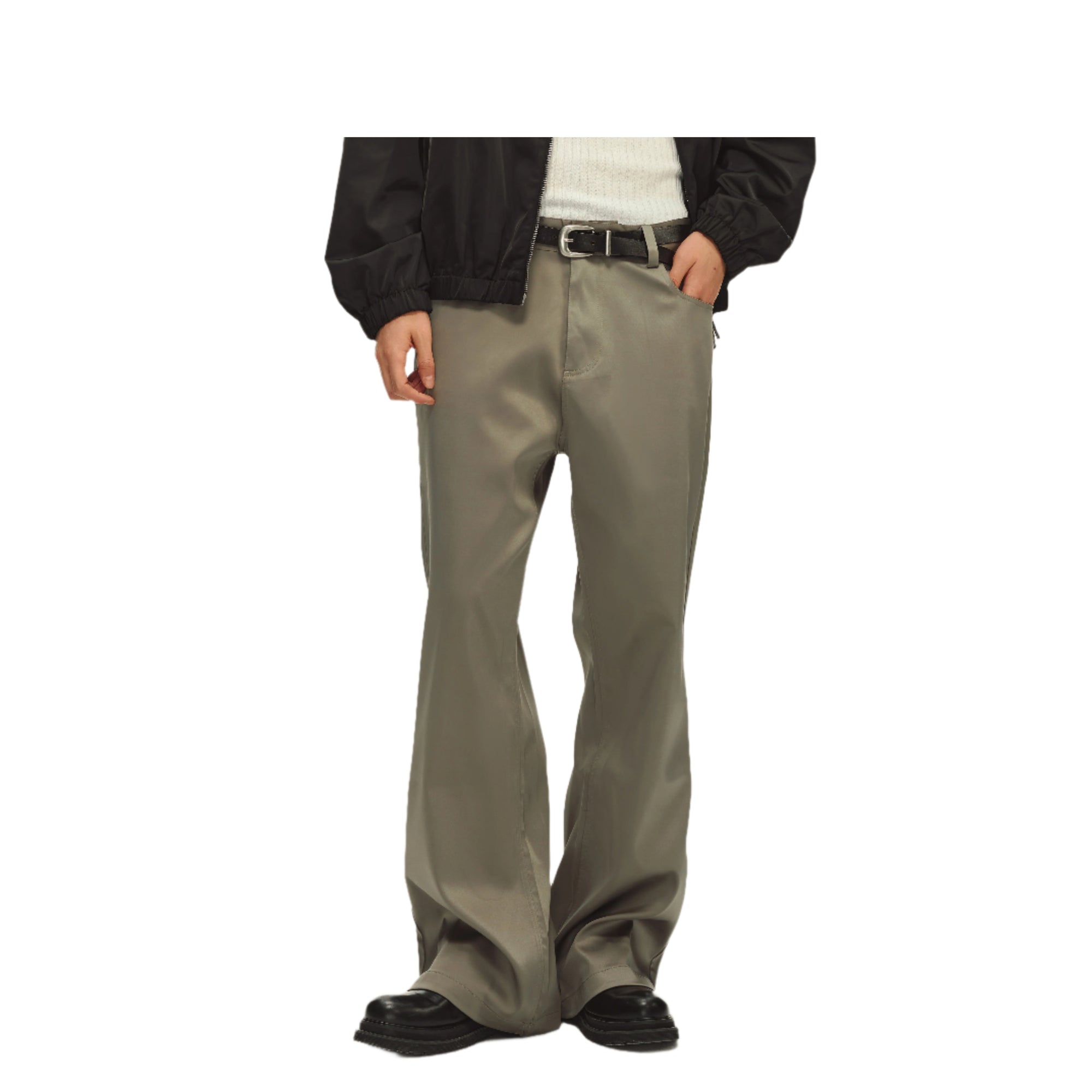 Sage Green Flared Satin Slim Fit Trousers