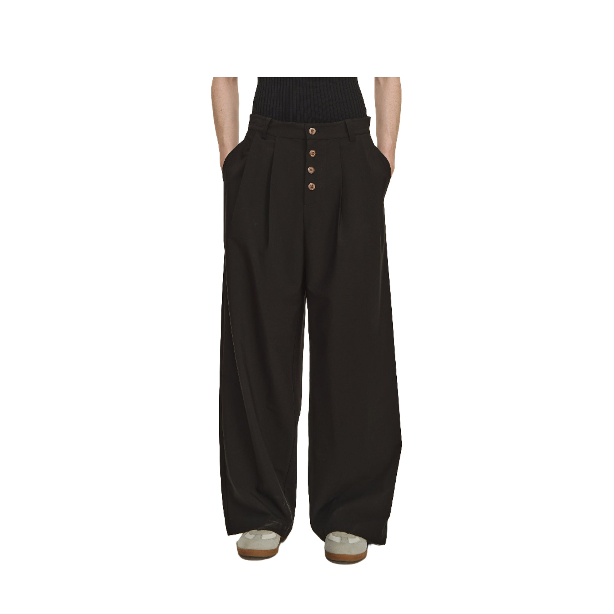 Black Pleated Straight Button-down Trousers